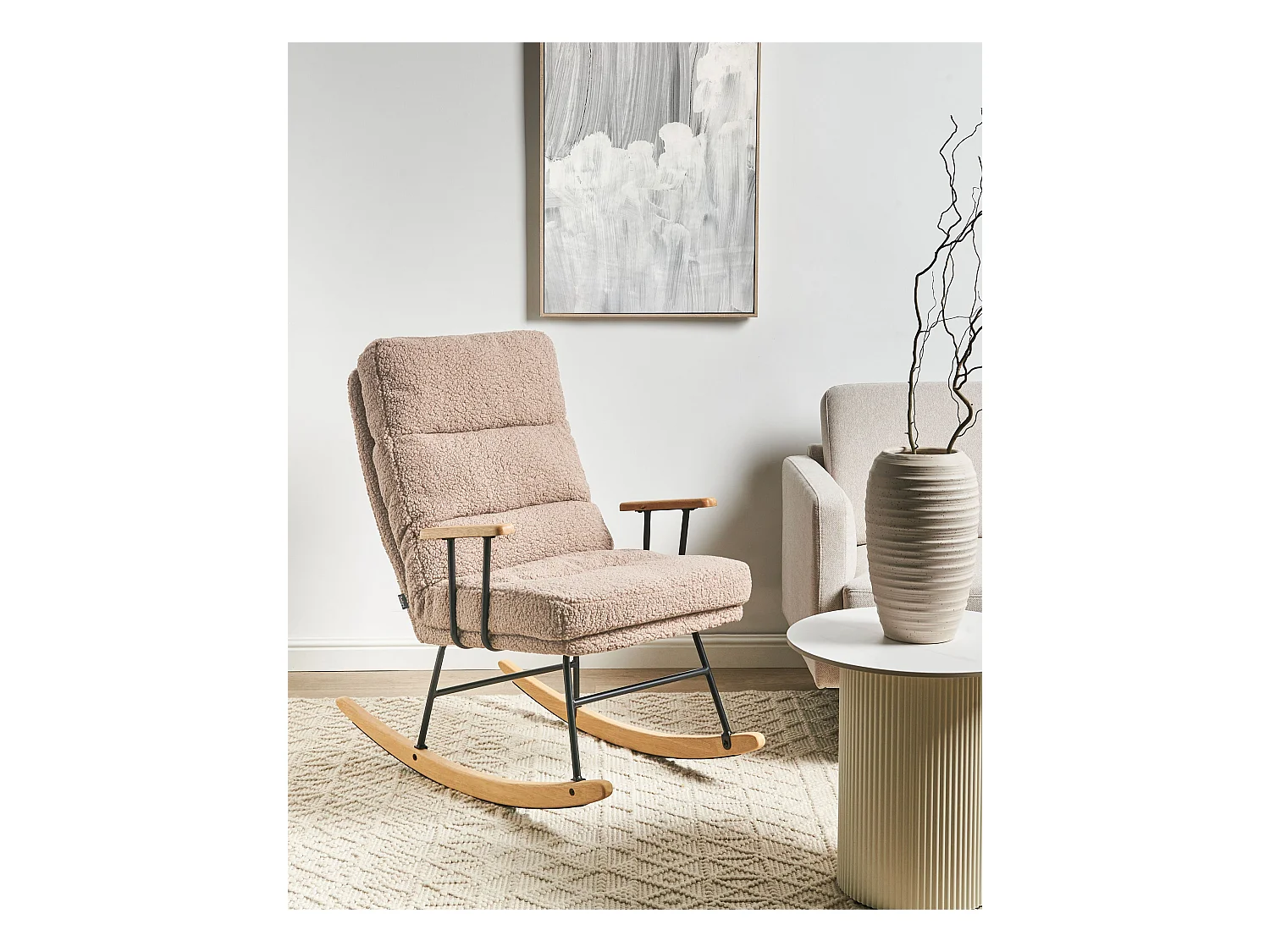 Schaukelstuhl Bouclé-Polsterung Teddy Rückenlehne Metall und Gummi Holz Beine Wohnzimmer Beige Eskelin
