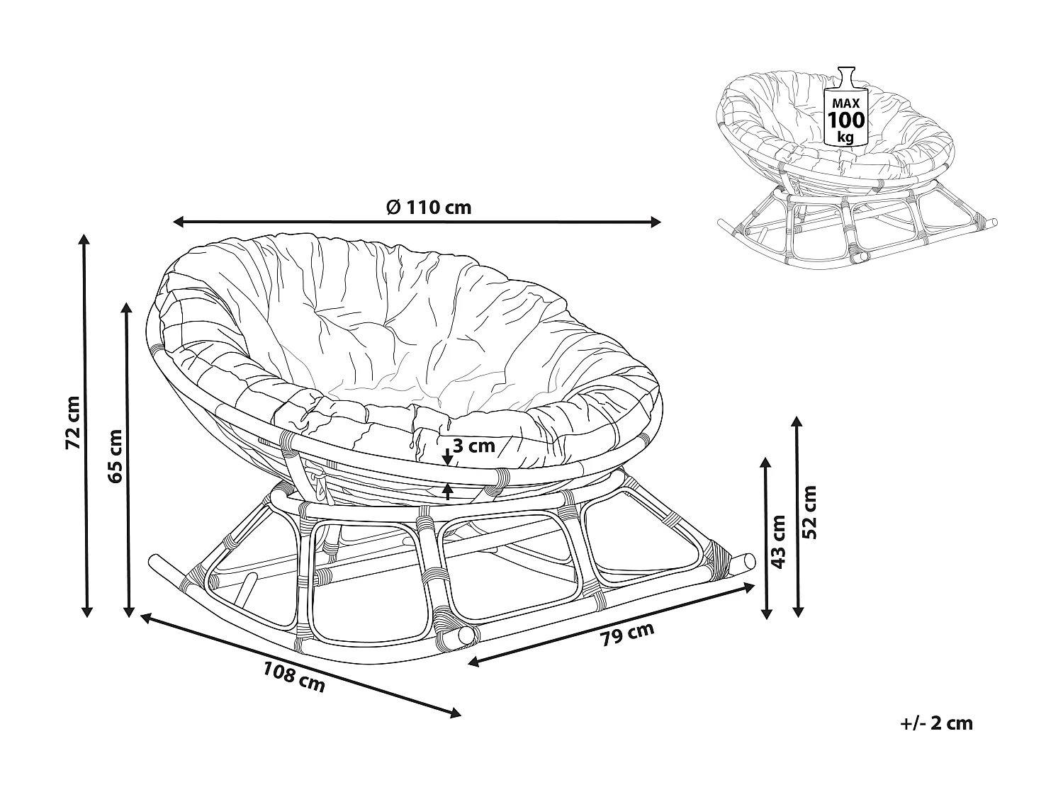 Schaukelstuhl Rattan natürlich / beige mit Kissen Boho Stil Orvieto