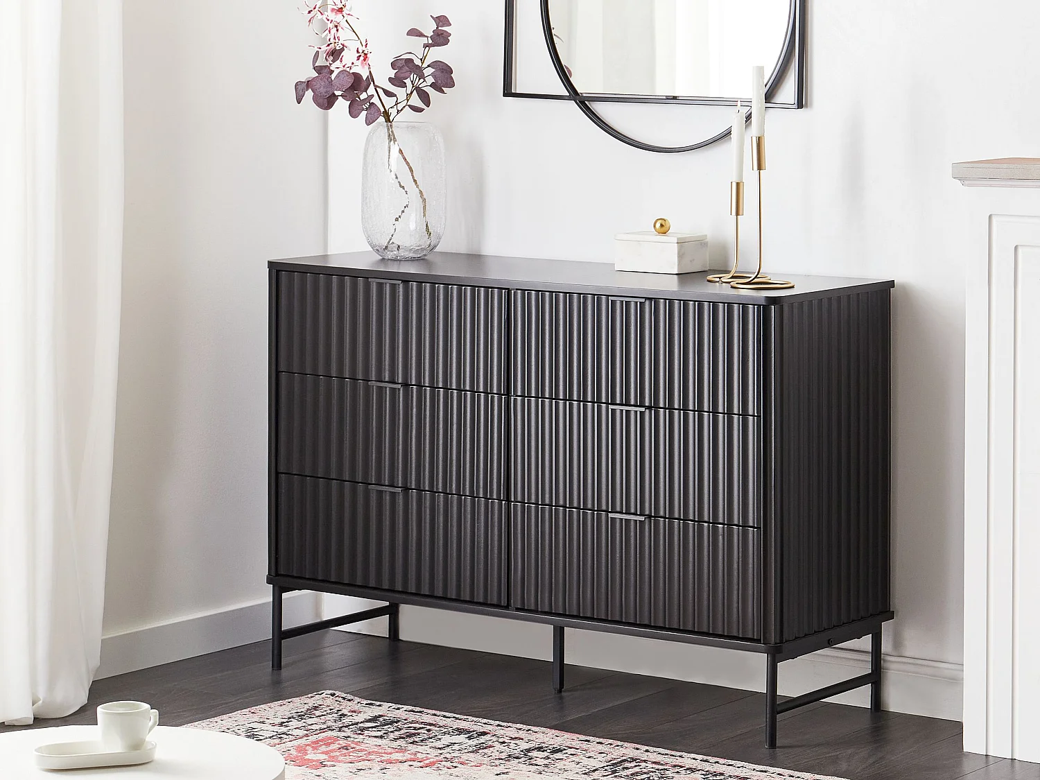 Kommode mit 6 Schubladen und geriffelter Front Modernes Design MDF Metallbeine Schwarz Glastonbury