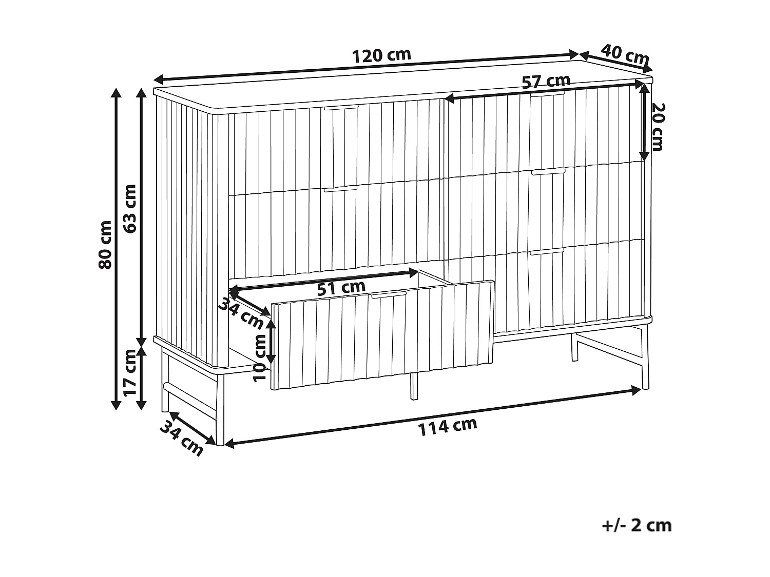 Kommode mit 6 Schubladen und geriffelter Front Modernes Design MDF Metallbeine Schwarz Glastonbury