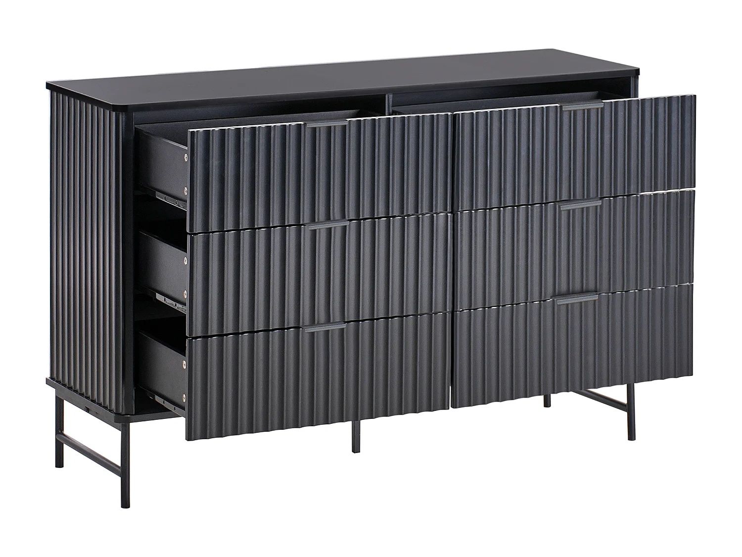 Kommode mit 6 Schubladen und geriffelter Front Modernes Design MDF Metallbeine Schwarz Glastonbury