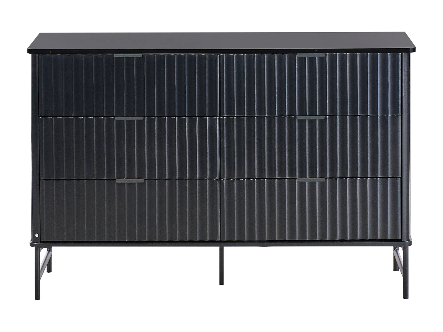 Kommode mit 6 Schubladen und geriffelter Front Modernes Design MDF Metallbeine Schwarz Glastonbury