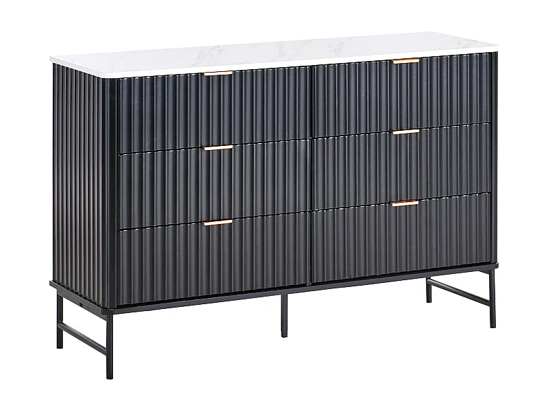 Kommode mit 6 Schubladen und geriffelter Front Modernes Design MDF Metallbeine Marmoreffekt Schwarz Glastonbury