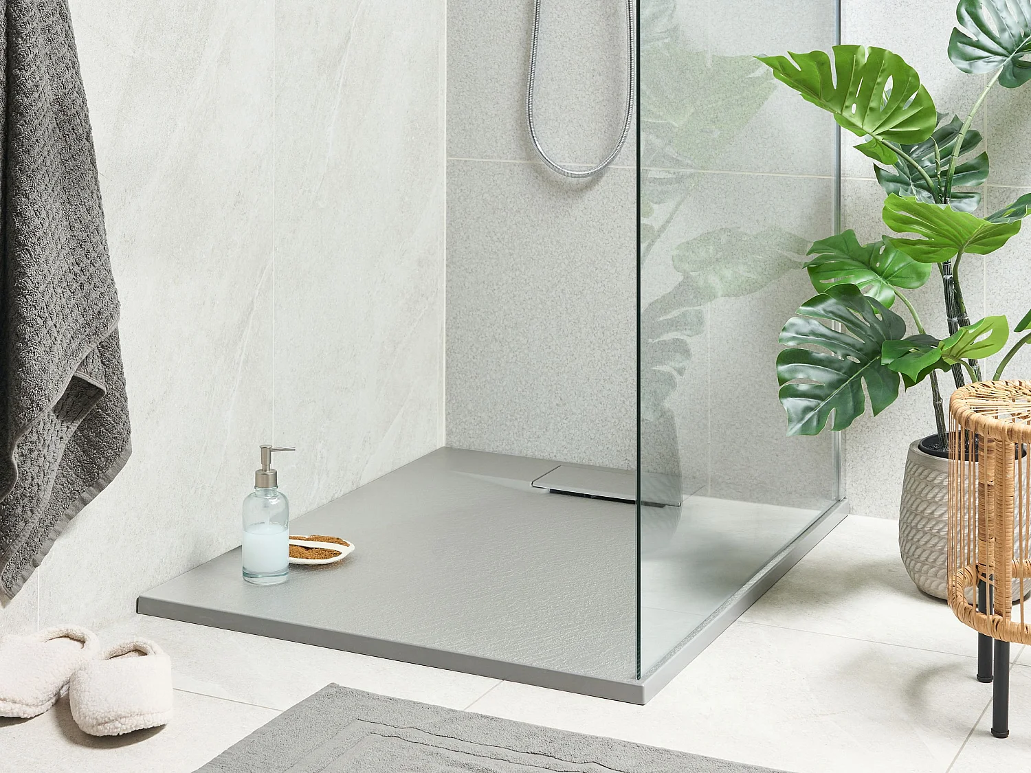 SMC Duschwanne mit Ablaufrinne 80x100 cm Steinoptik grau 3 cm hoch Azzuro