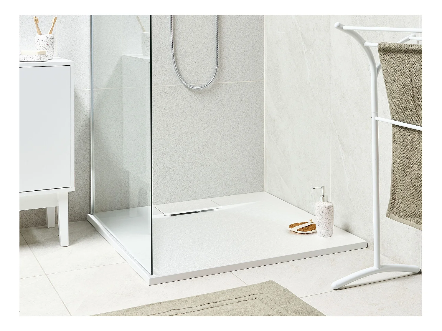 SMC Duschwanne mit Ablaufrinne 90x90 cm Steinoptik weiß 3 cm hoch Azzuro