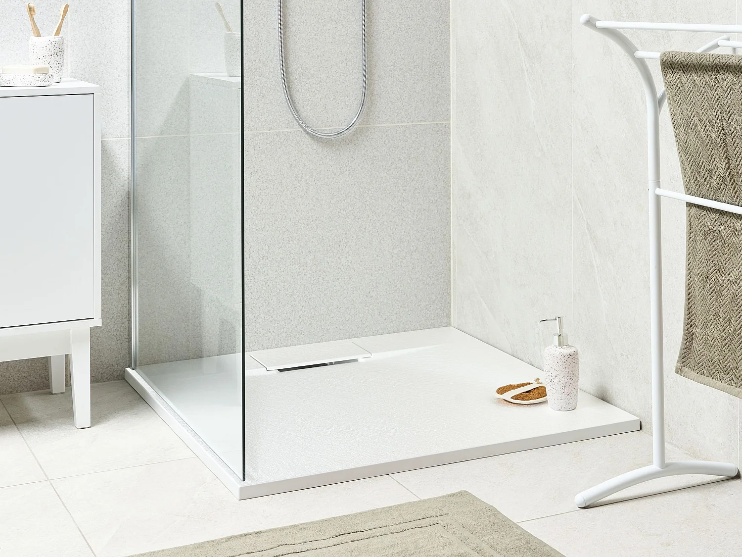 SMC Duschwanne mit Ablaufrinne 90x90 cm Steinoptik weiß 3 cm hoch Azzuro