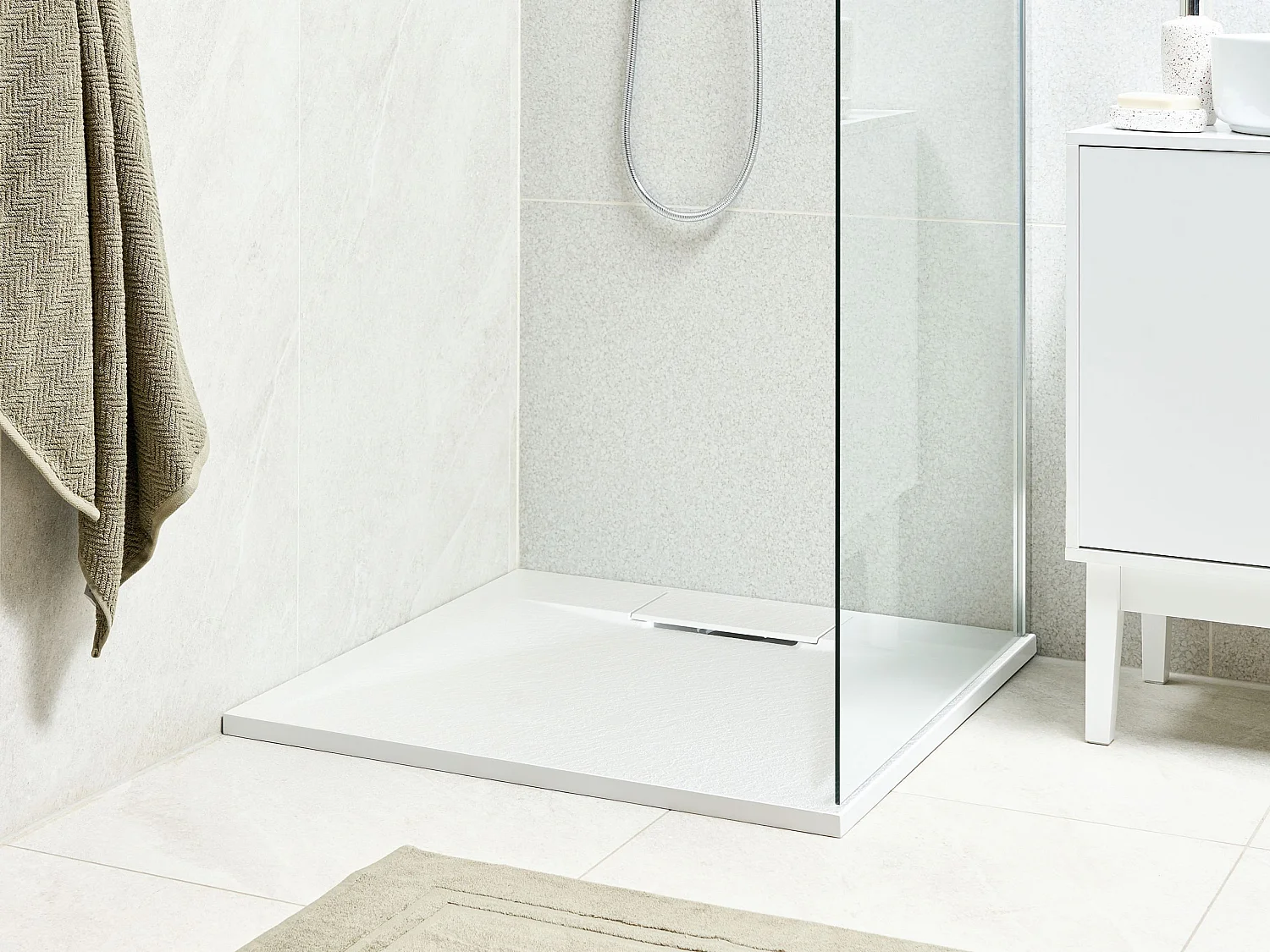 SMC Duschwanne mit Ablaufrinne 80x80 cm Steinoptik weiß 3 cm hoch Azzuro