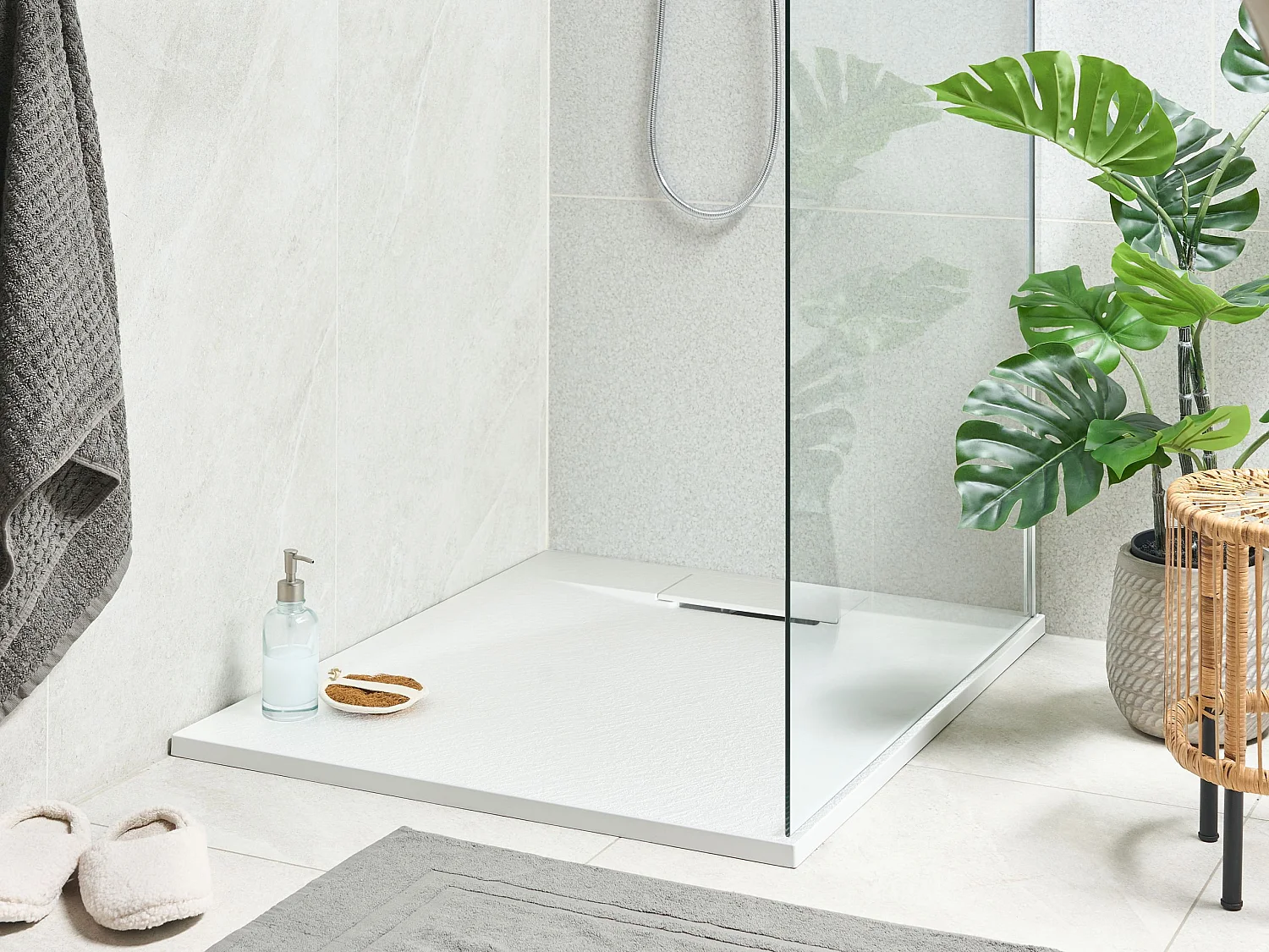 SMC Duschwanne mit Ablaufrinne 80x100 cm Steinoptik weiß 3 cm hoch Azzuro