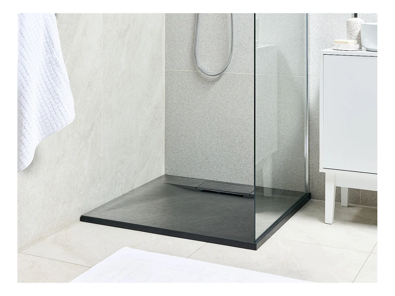 SMC Duschwanne mit Ablaufrinne 80x80 cm Steinoptik schwarz 3 cm hoch Azzuro