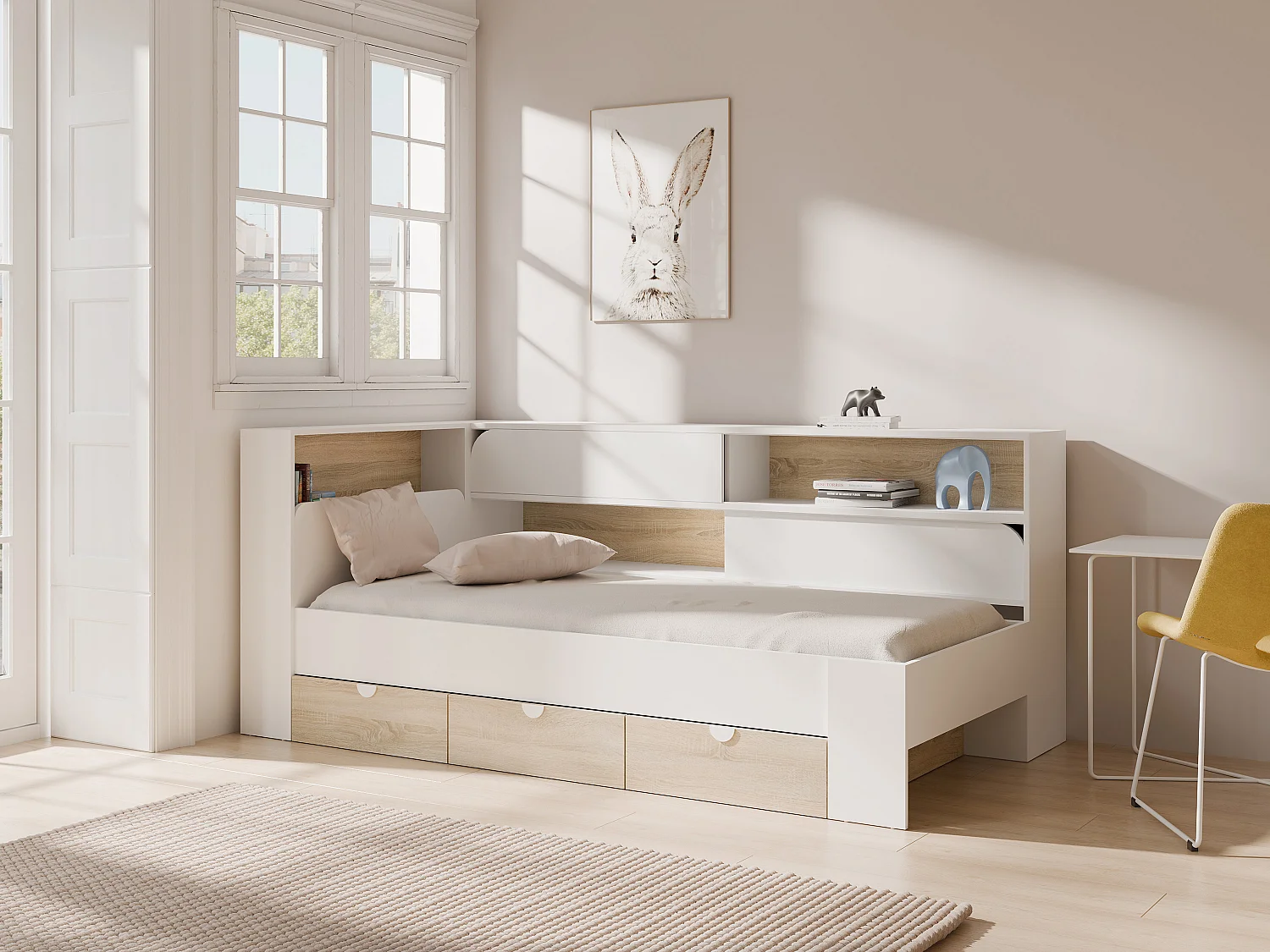Lit 90 x 190 cm avec rangements - Coloris : Blanc et naturel + Sommier - TAMADU