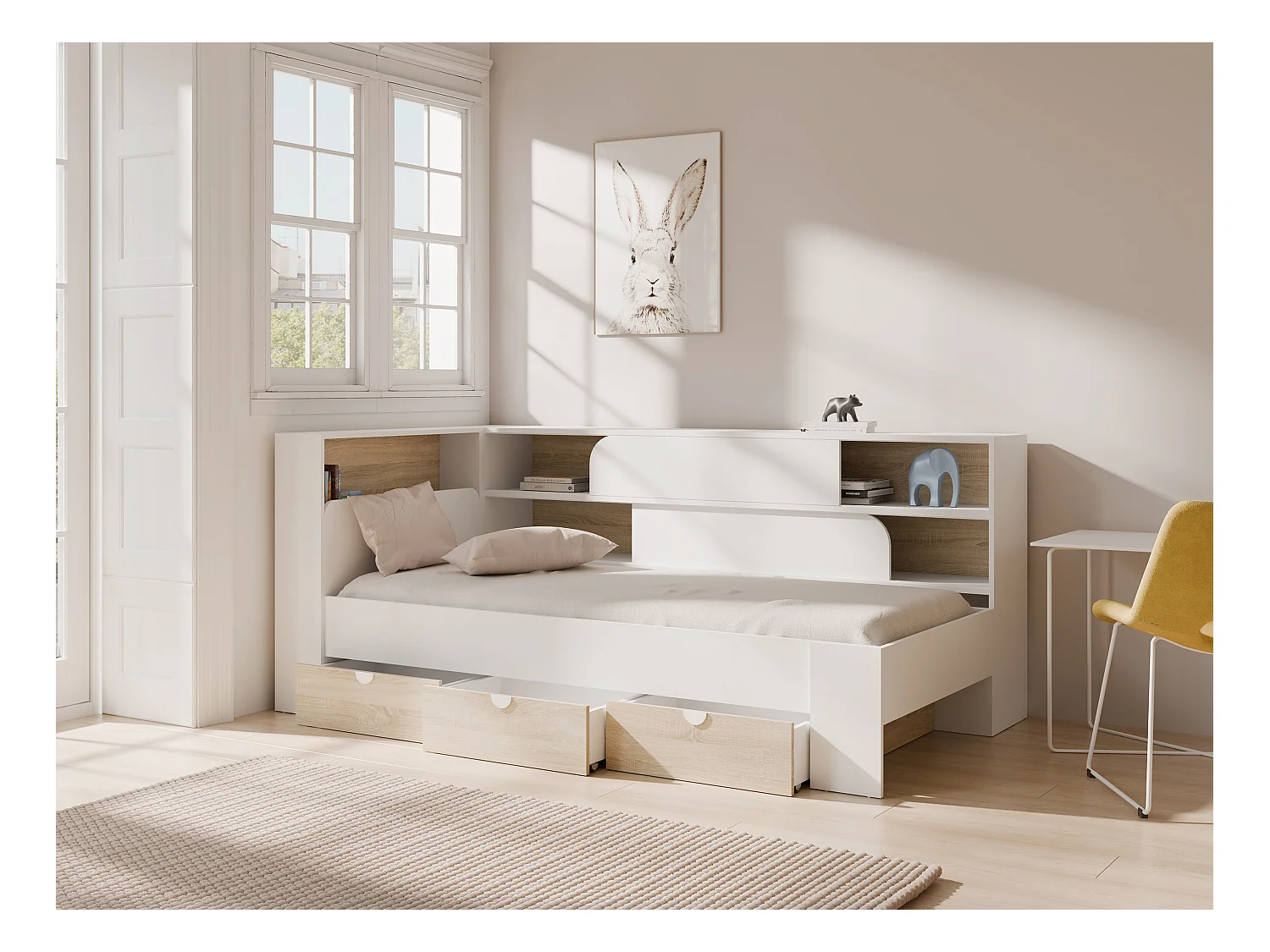 Seng 90 x 190 cm med oppbevaring - Farge: Hvit og naturlig + sengebunn - TAMADU