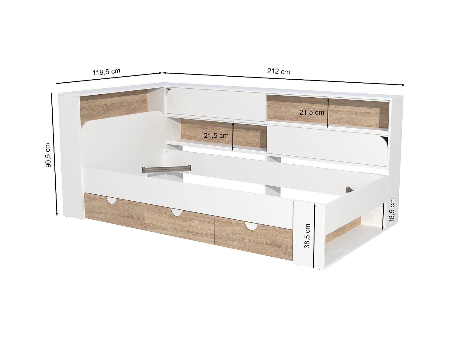 Seng 90 x 190 cm med oppbevaring - Farge: Hvit og naturlig + sengebunn - TAMADU