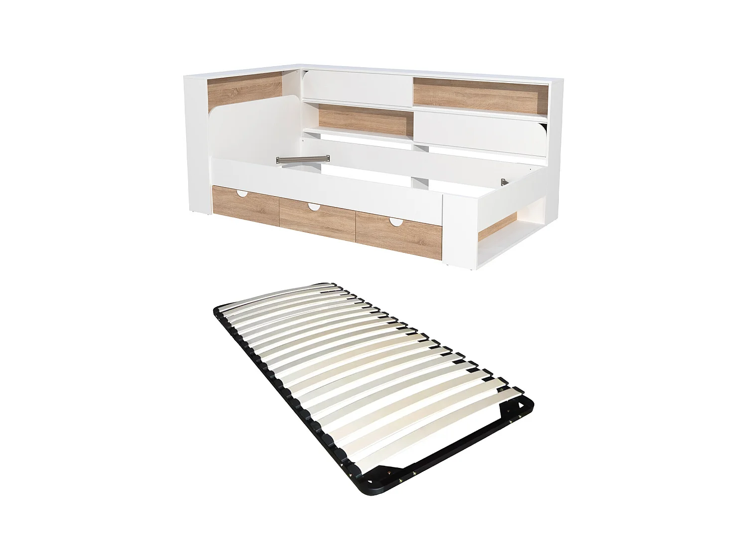 Seng 90 x 190 cm med oppbevaring - Farge: Hvit og naturlig + sengebunn - TAMADU