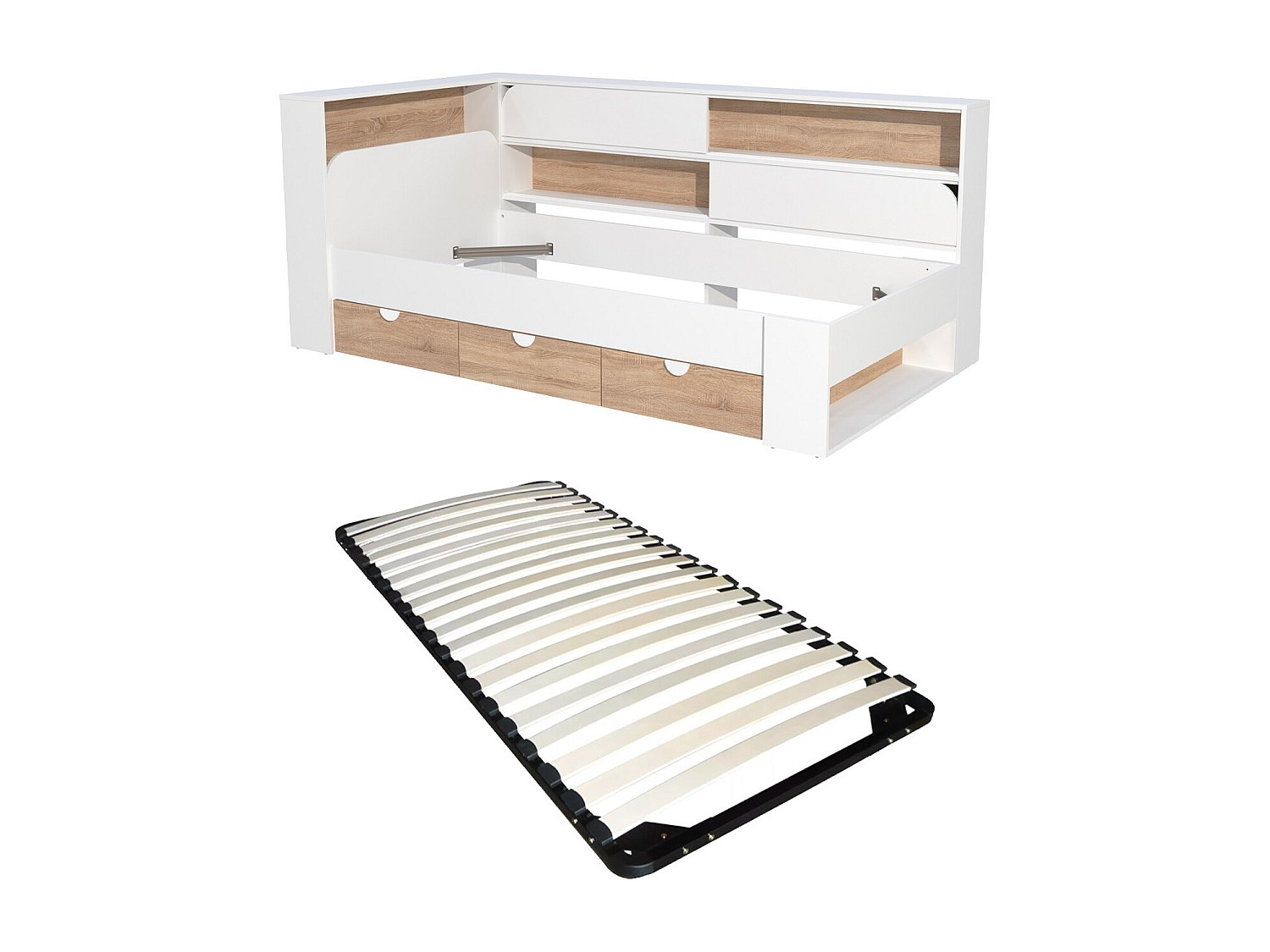 Bett 90 x 190 cm mit Stauraum - Farbe: Weiß und natürlich + Lattenrost - TA günstig online kaufen