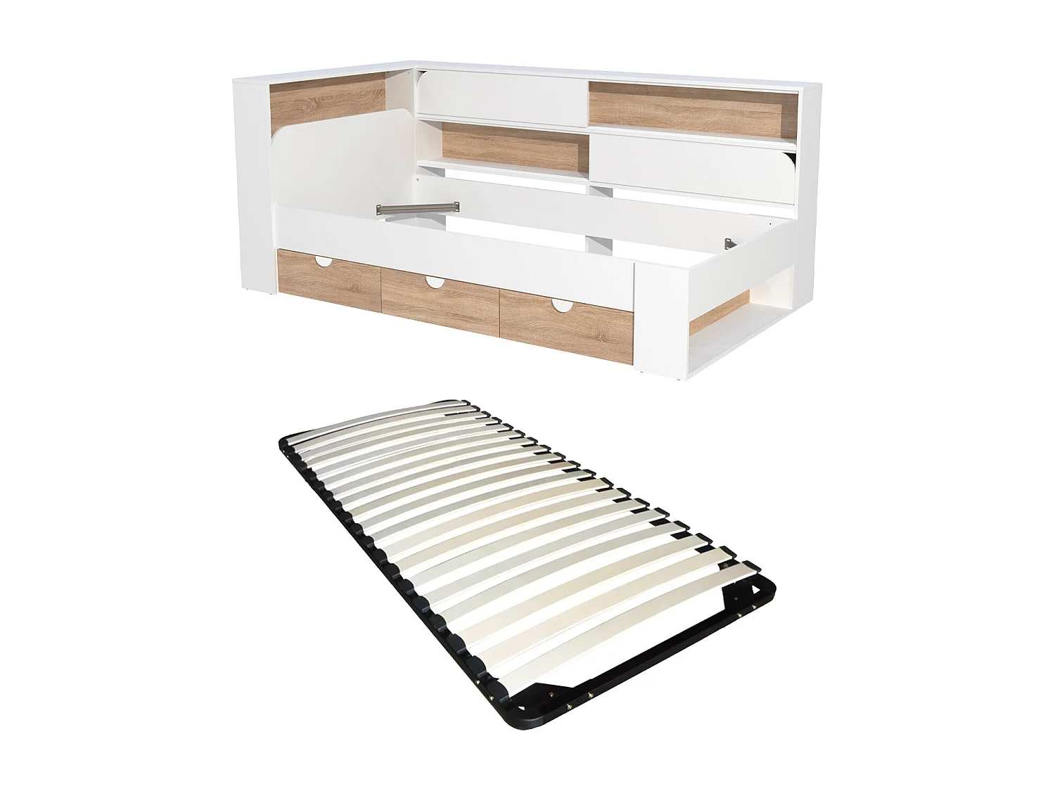 Łóżko 90 x 190 cm zz ze skrzynią  - Kolor: Biały i naturalny + Stelaż - TAMADU