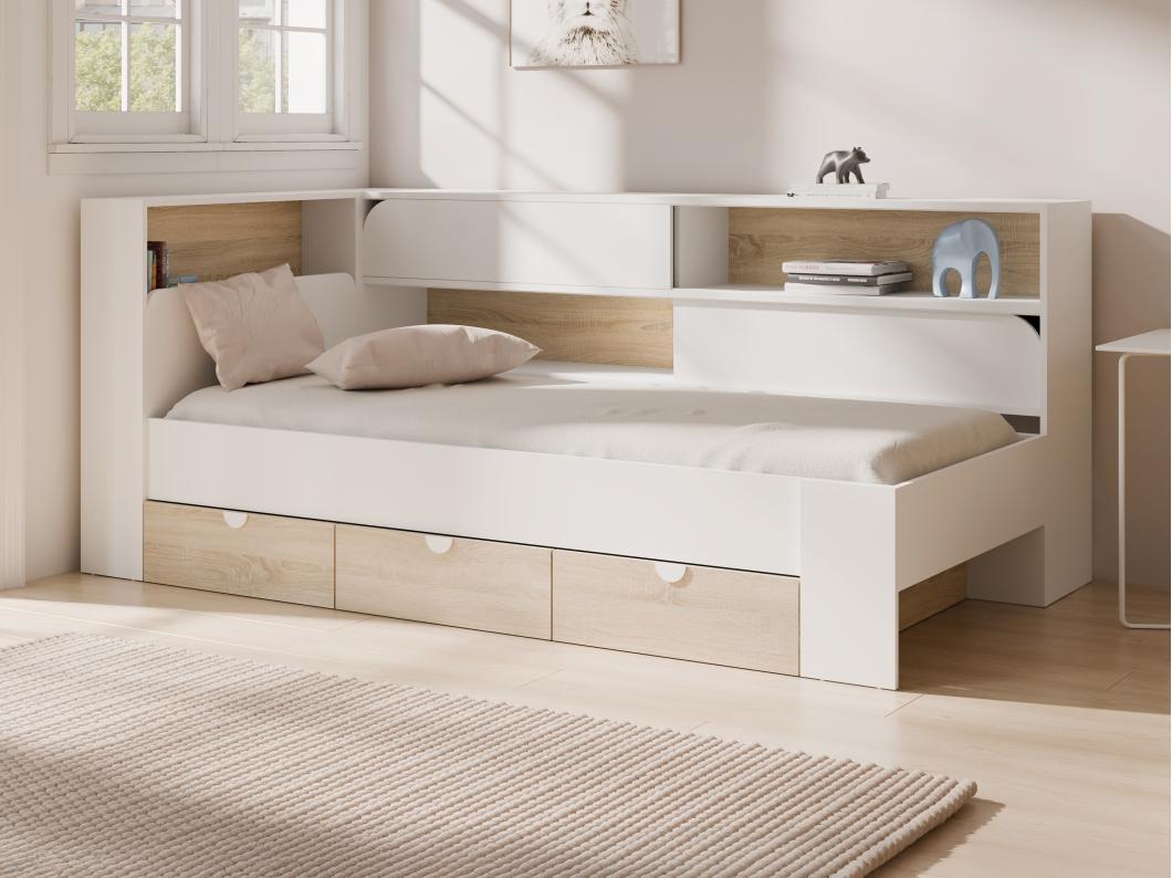 Lit 90 x 190 cm avec rangements - Coloris : Blanc et naturel + Sommier - TAMADU