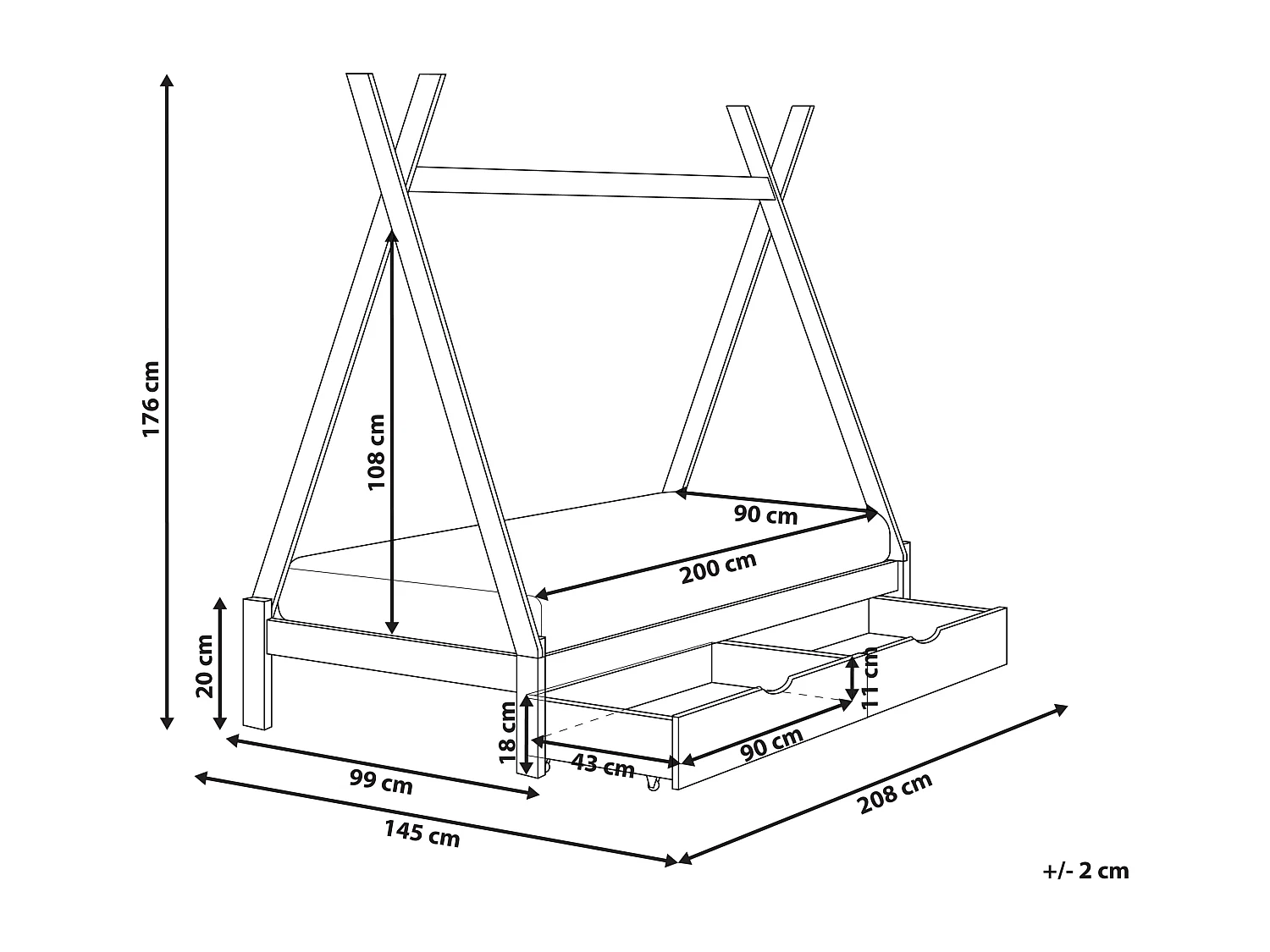 Cama tipi para crianças com gavetas em madeira cinzenta 90 x 200 cm DEVAY