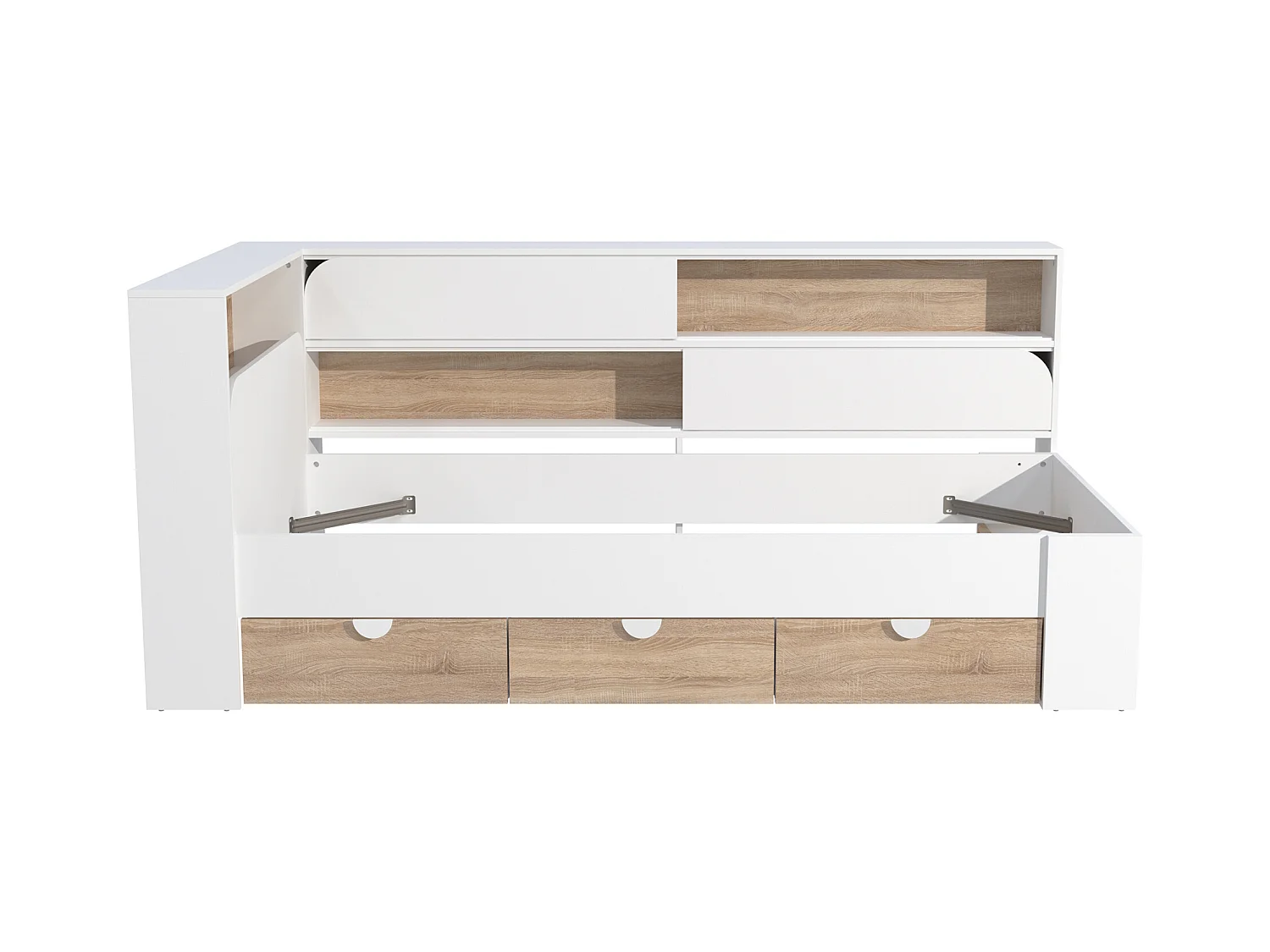 Cama 90 x 190 cm con almacenaje - Color: Blanco y natural + Somier + Colchón - TAMADU