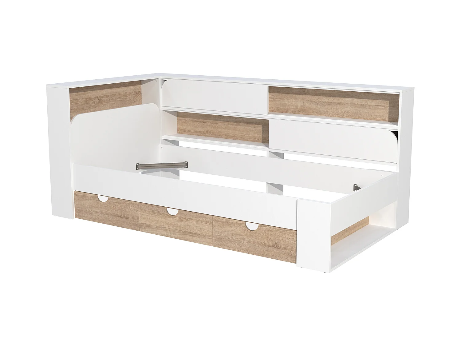 Cama 90 x 190 cm con almacenaje - Color: Blanco y natural + Somier + Colchón - TAMADU