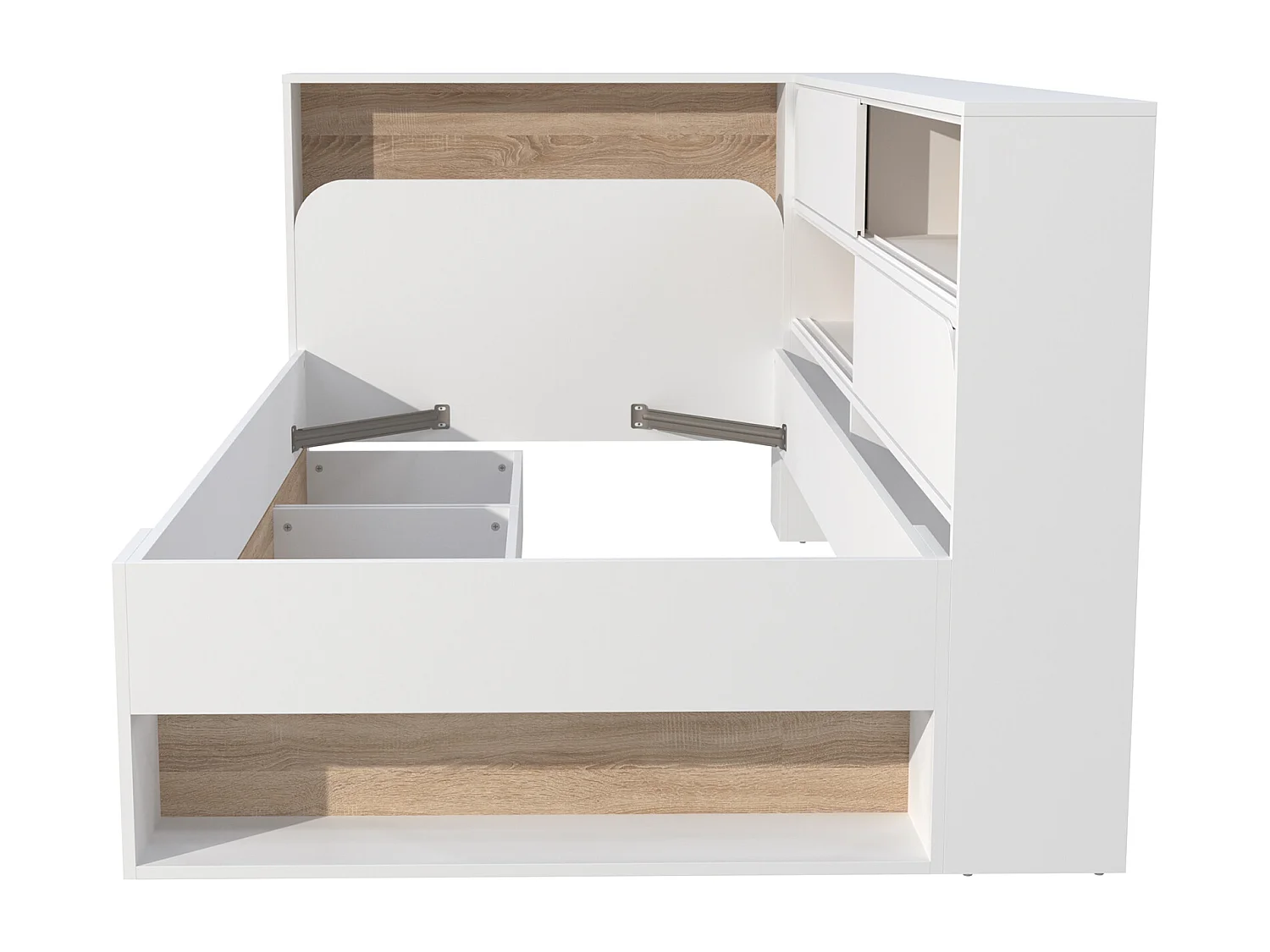 Łóżko 90 x 190 cm z ze skrzynią  - Kolor: Biały i naturalny + Stelaż + Materac - TAMADU