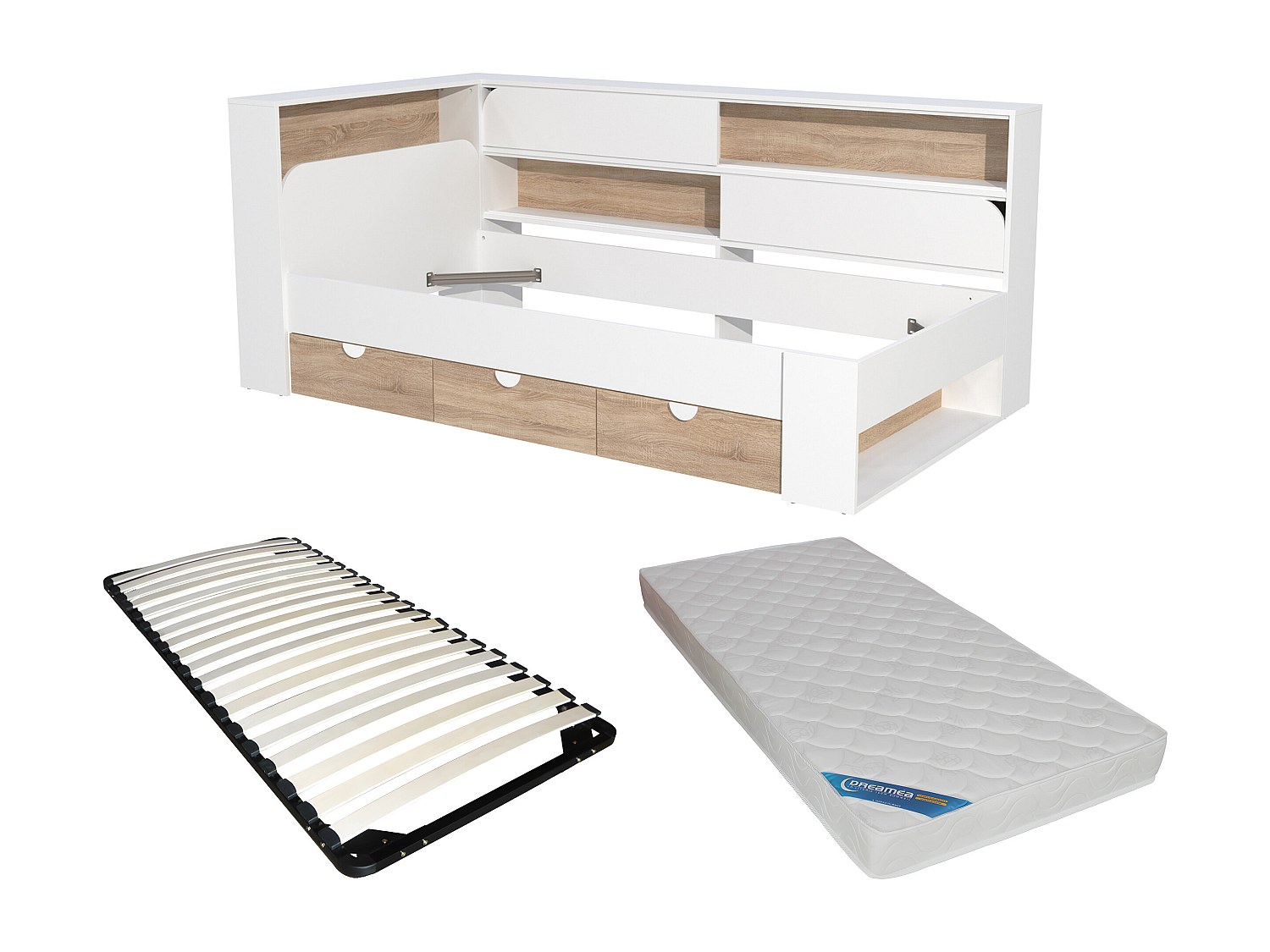 Bett 90 x 190 cm mit Stauraum - Farbe: Weiß und natürlich + Lattenrost + Ma günstig online kaufen