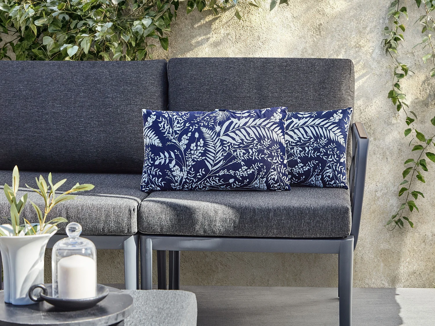 Lot de 2 coussins d'extérieur GLIMMER Motif de plante 30 x 50 cm Bleu