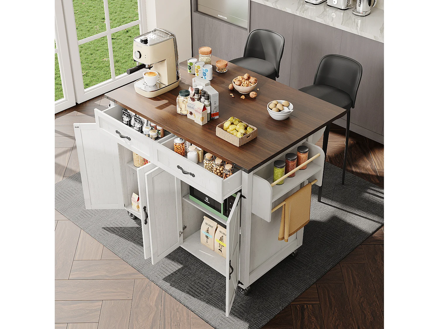 Desserte de cuisine (140x73x90.5cm)pliante avec plateau extensible, rangements fermés et roulettes freinées - beige blanc