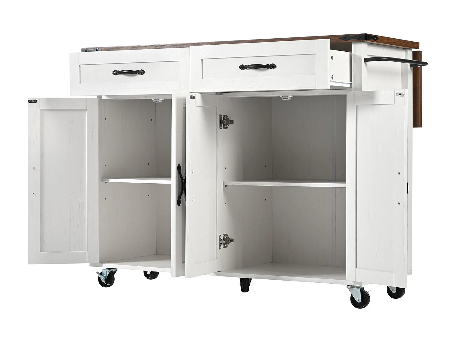 Desserte de cuisine (140x73x90.5cm)pliante avec plateau extensible, rangements fermés et roulettes freinées - beige blanc