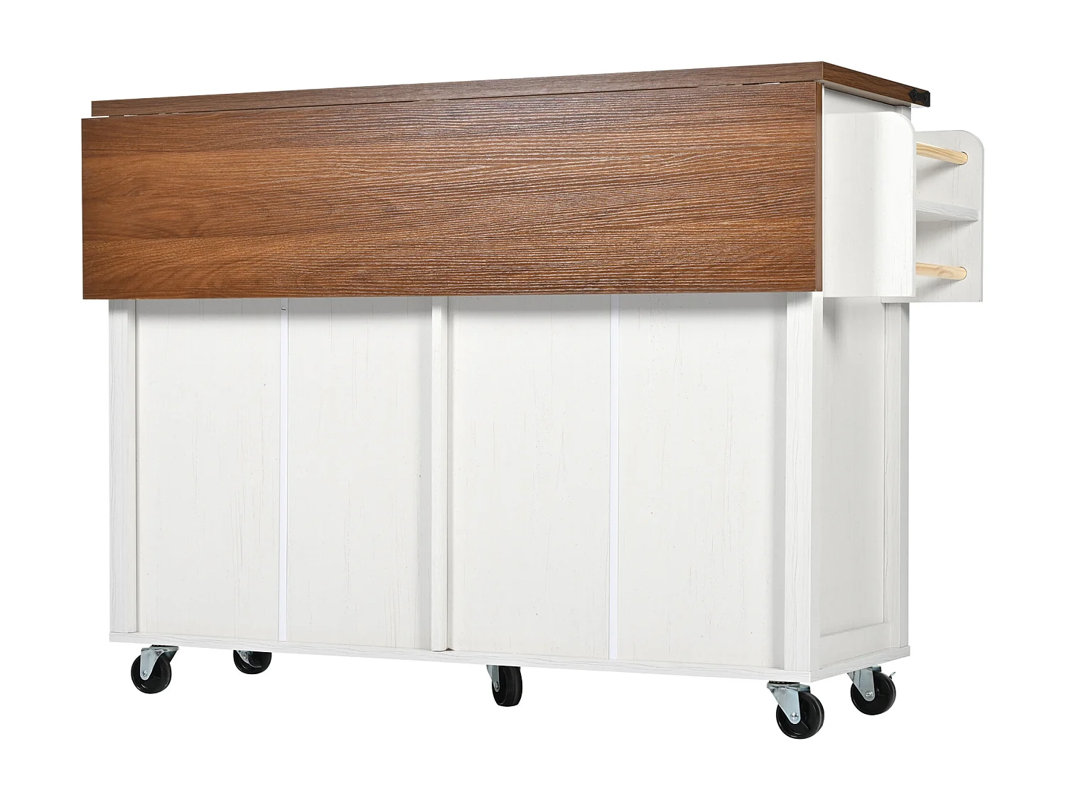 Desserte de cuisine (140x73x90.5cm)pliante avec plateau extensible, rangements fermés et roulettes freinées - beige blanc