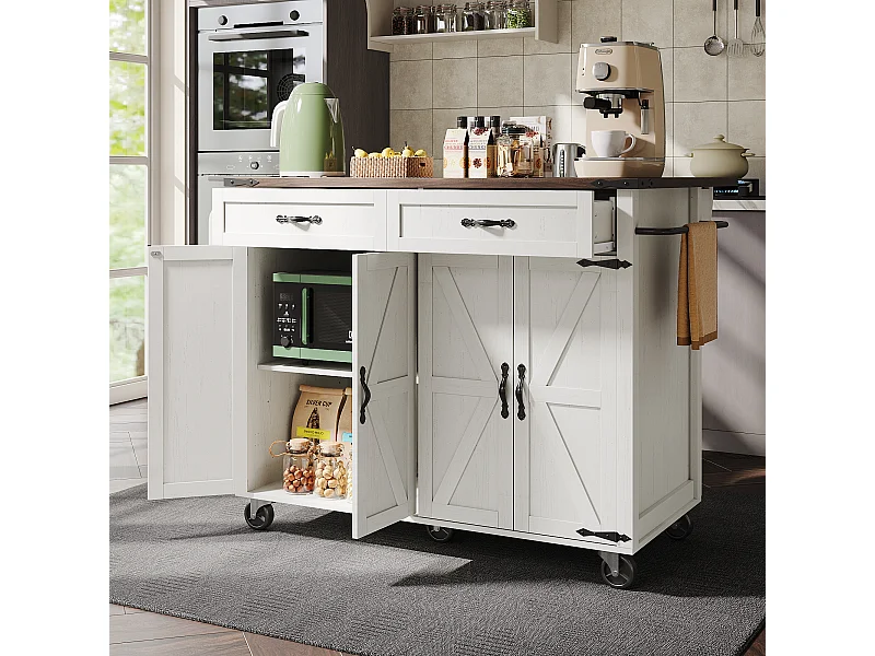 Desserte de cuisine (140x73x90.5cm)pliante avec plateau extensible, rangements fermés et roulettes freinées - beige blanc