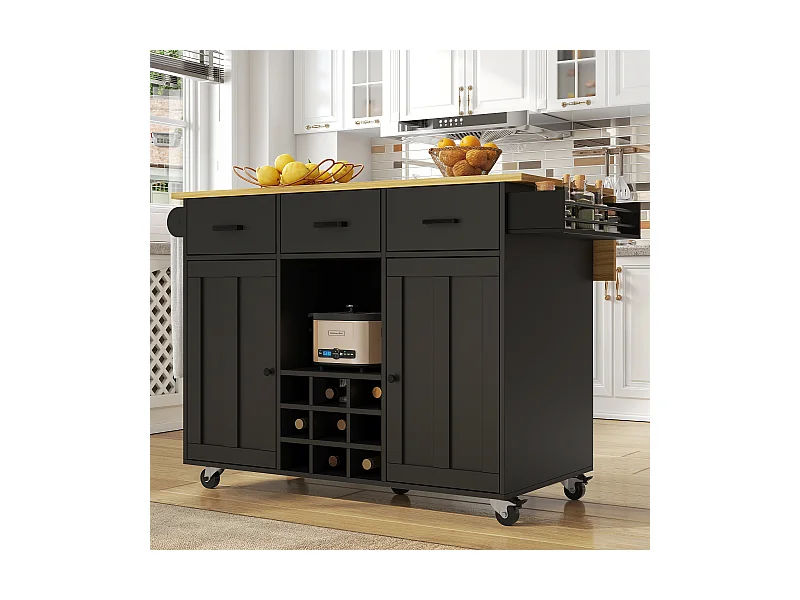 Desserte de cuisine (104×40×91,5 cm)avec plateau rabattable, 3 tiroirs, casier à vin et roulettes - Noir