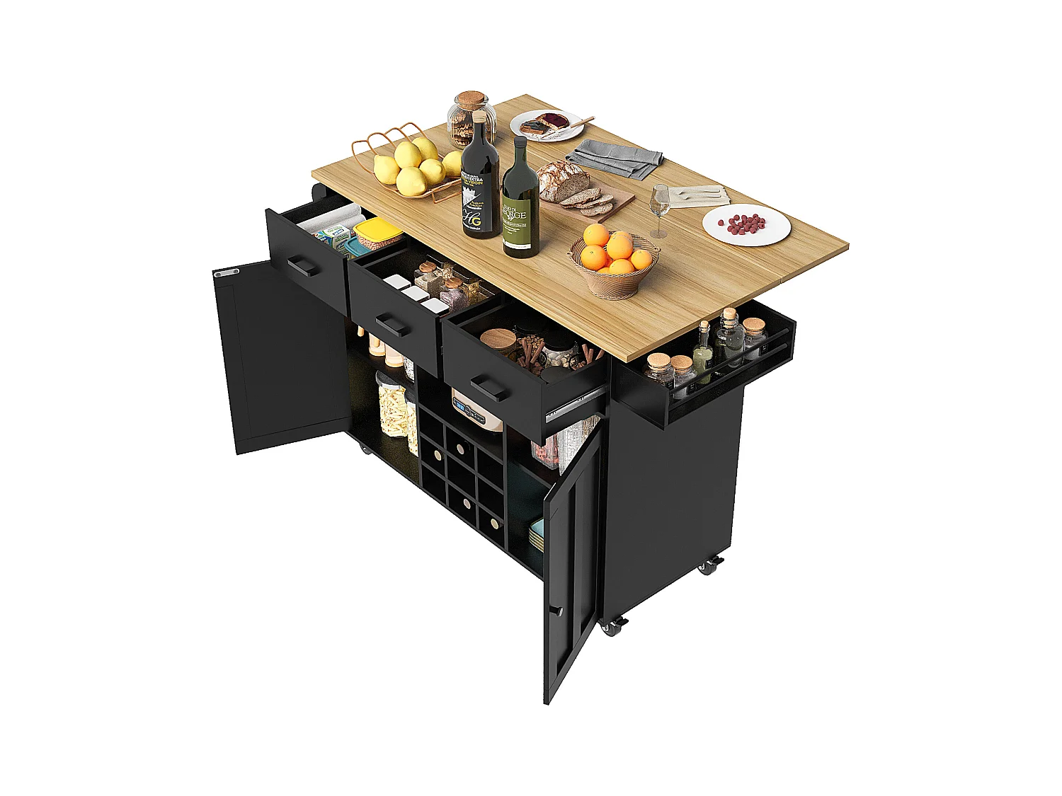 Desserte de cuisine (104×40×91,5 cm)avec plateau rabattable, 3 tiroirs, casier à vin et roulettes - Noir