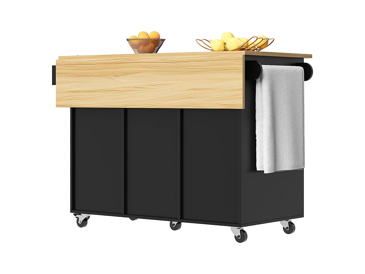 Desserte de cuisine (104×40×91,5 cm)avec plateau rabattable, 3 tiroirs, casier à vin et roulettes - Noir