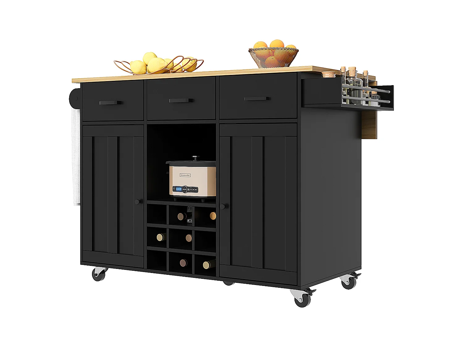 Desserte de cuisine (104×40×91,5 cm)avec plateau rabattable, 3 tiroirs, casier à vin et roulettes - Noir