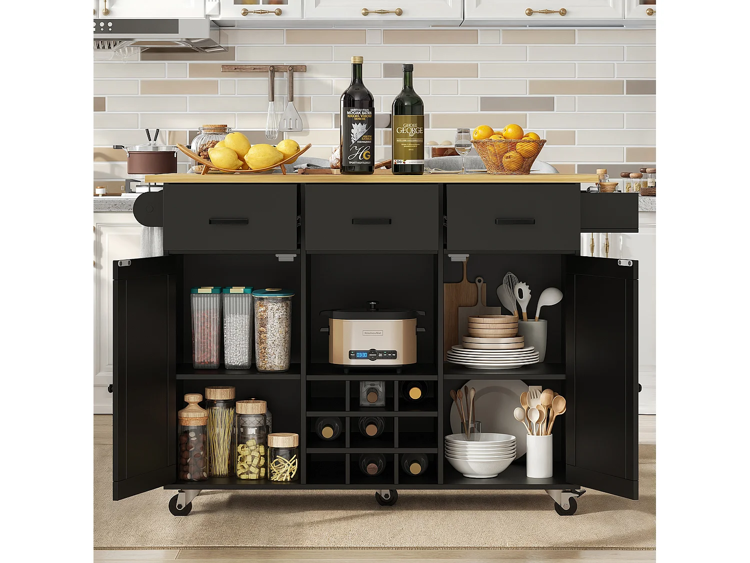 Desserte de cuisine (104×40×91,5 cm)avec plateau rabattable, 3 tiroirs, casier à vin et roulettes - Noir