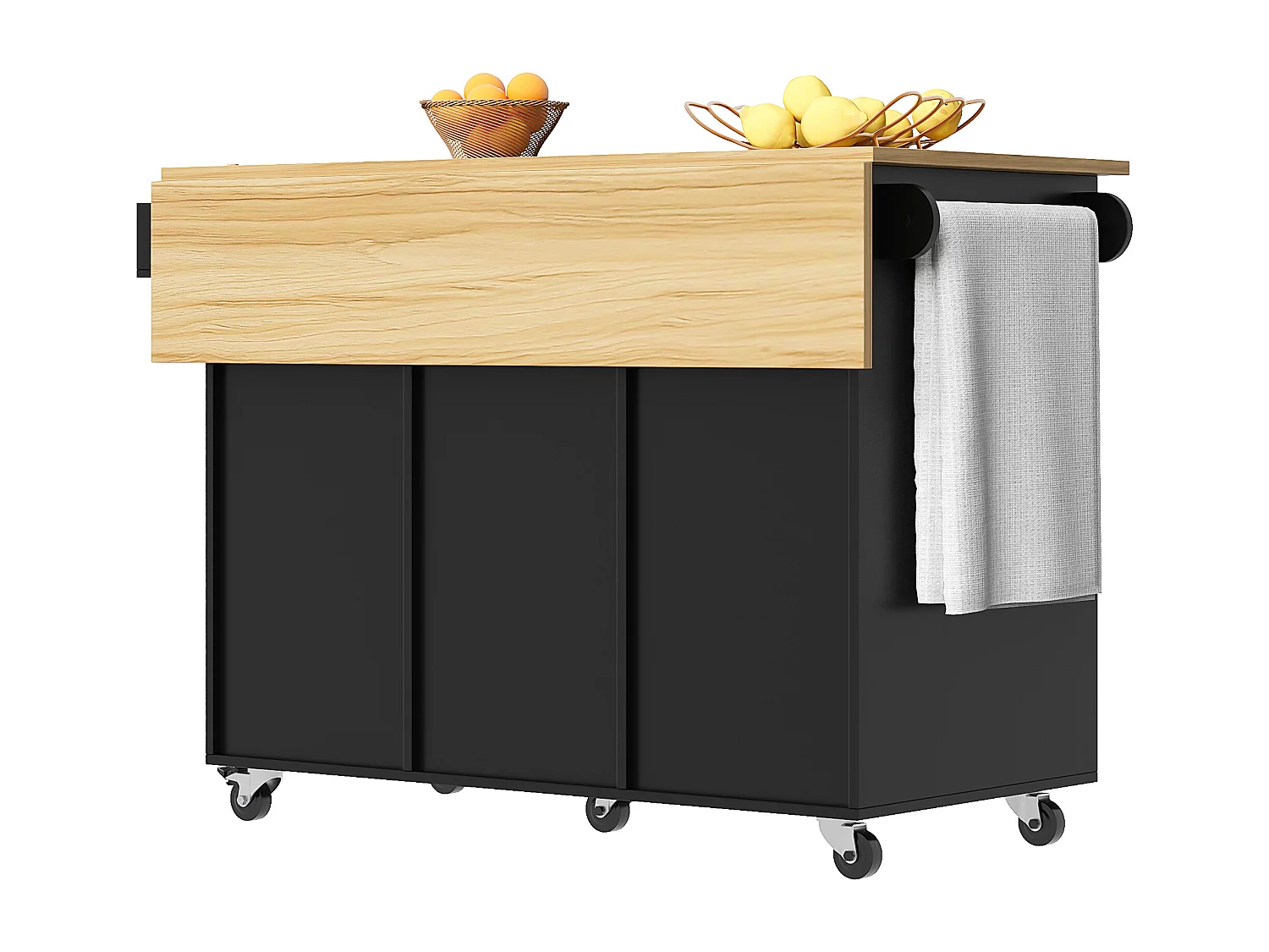 Desserte de cuisine (104×40×91,5 cm)avec plateau rabattable, 3 tiroirs, casier à vin et roulettes - Noir