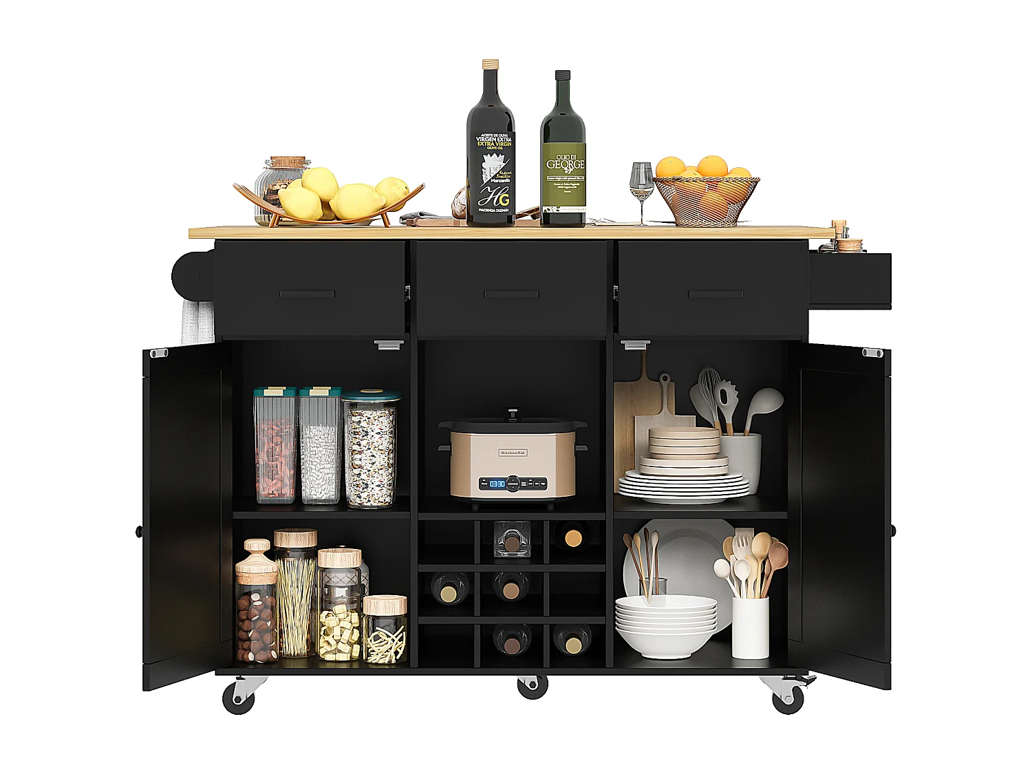 Desserte de cuisine (104×40×91,5 cm)avec plateau rabattable, 3 tiroirs, casier à vin et roulettes - Noir