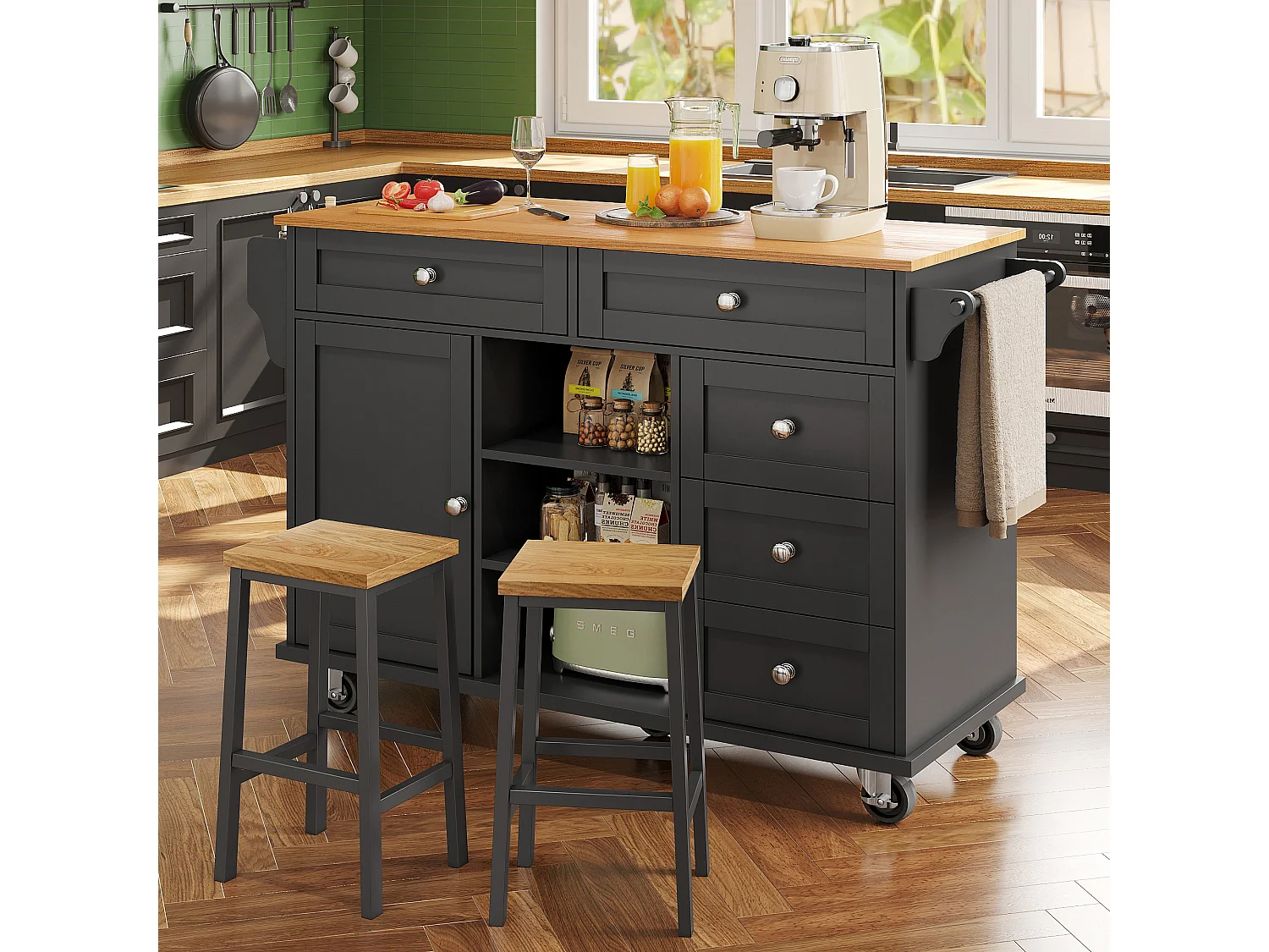 Desserte de cuisine (134X46X92CM)multifonctionnelle avec design élégant et grand rangement - noir