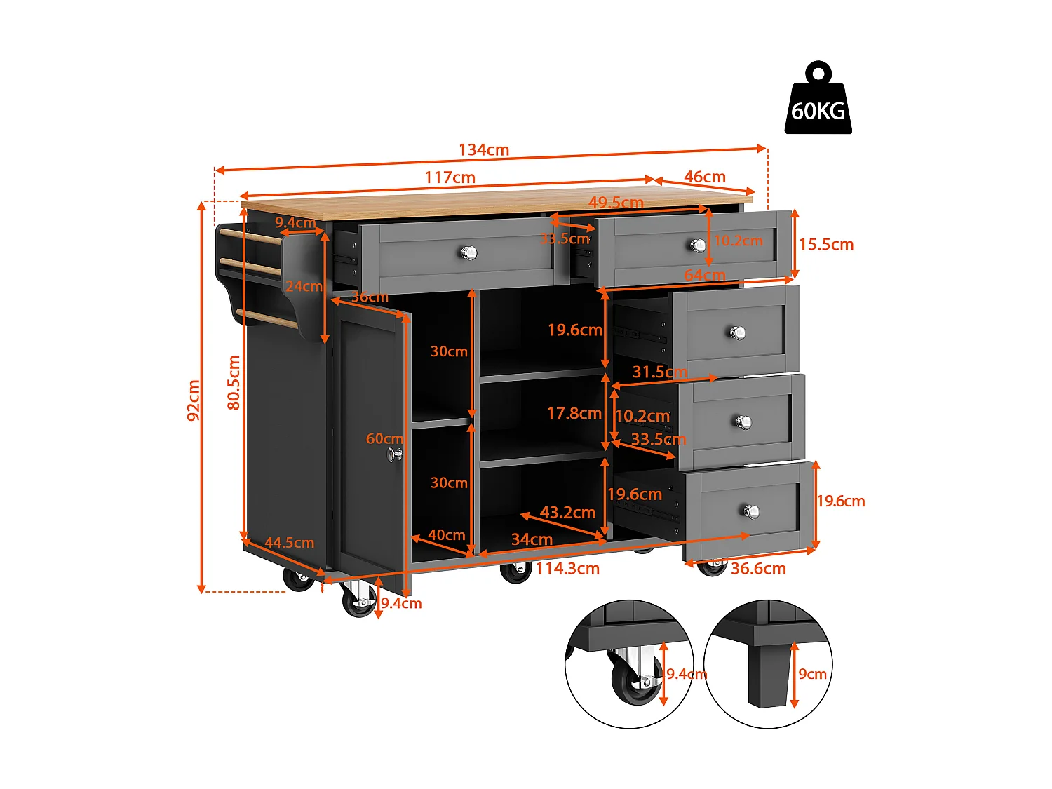 Desserte de cuisine (134X46X92CM)multifonctionnelle avec design élégant et grand rangement - noir