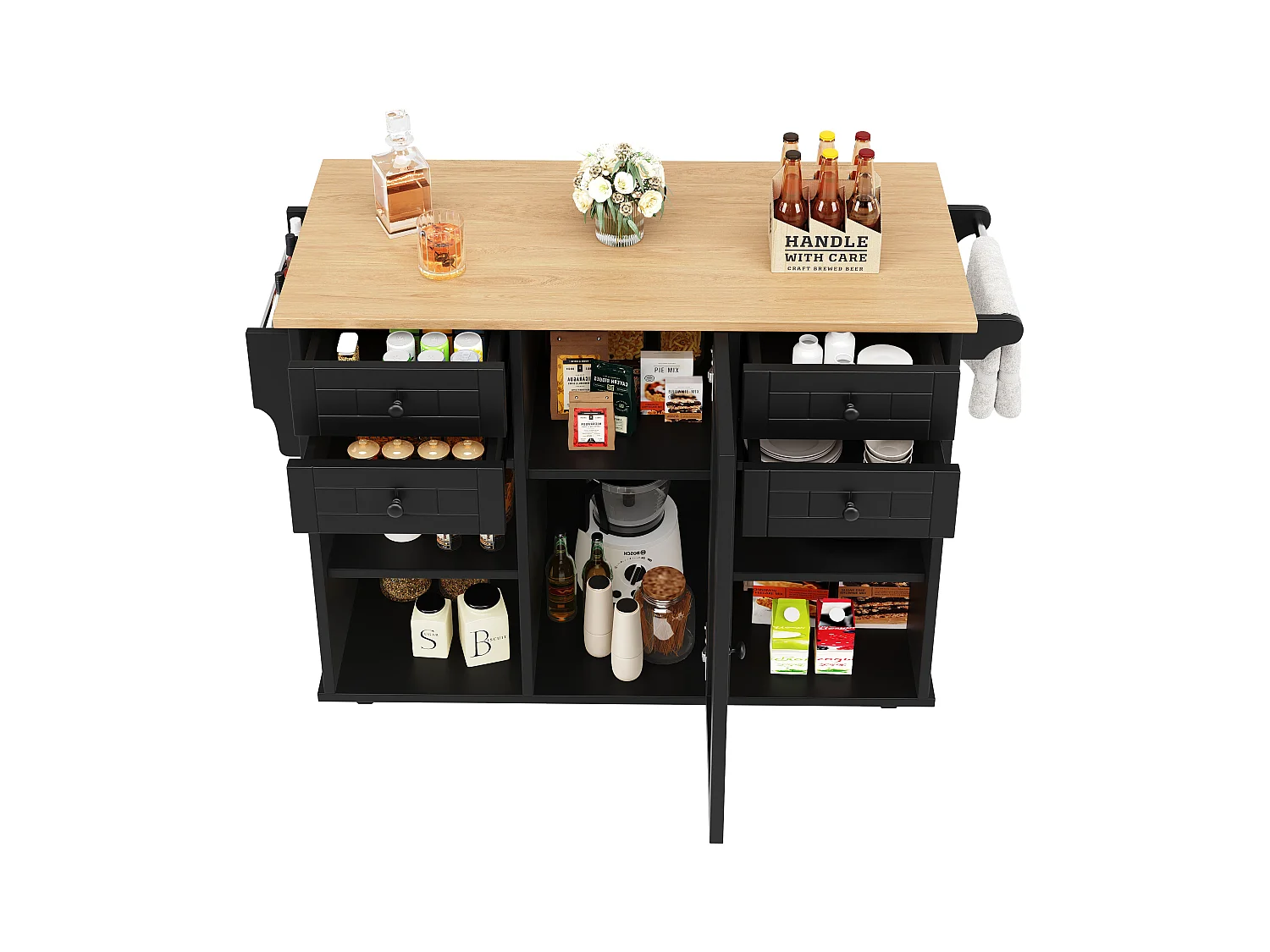 Desserte de cuisine noire 127×46×91,5 cm avec rangements modulables, style bois, îlot multifonction