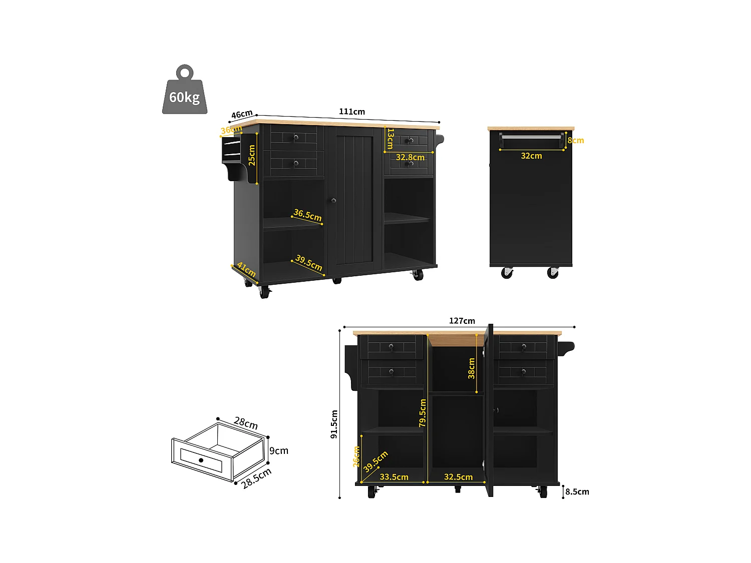 Desserte de cuisine noire 127×46×91,5 cm avec rangements modulables, style bois, îlot multifonction