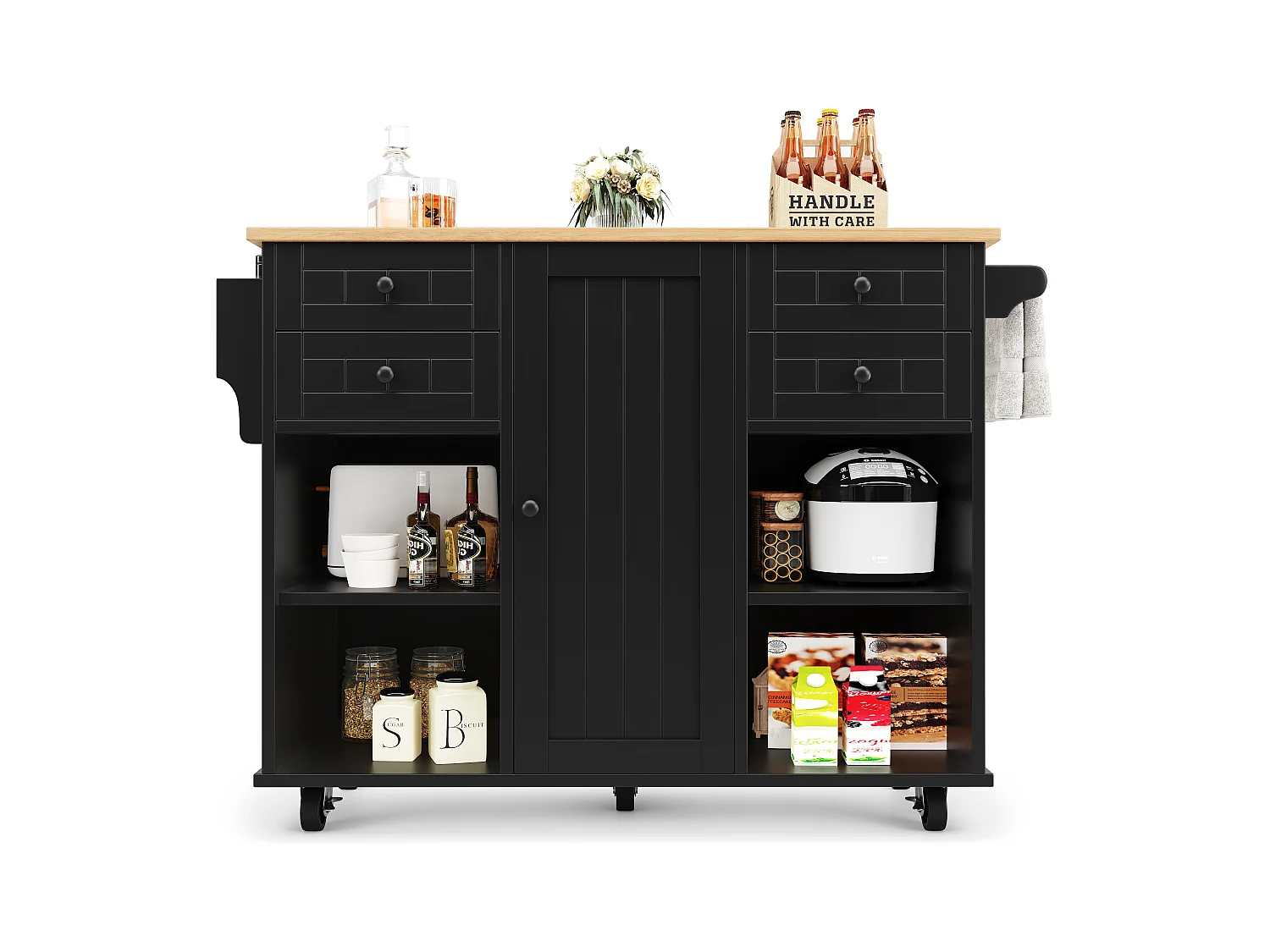 Desserte de cuisine noire 127×46×91,5 cm avec rangements modulables, style bois, îlot multifonction