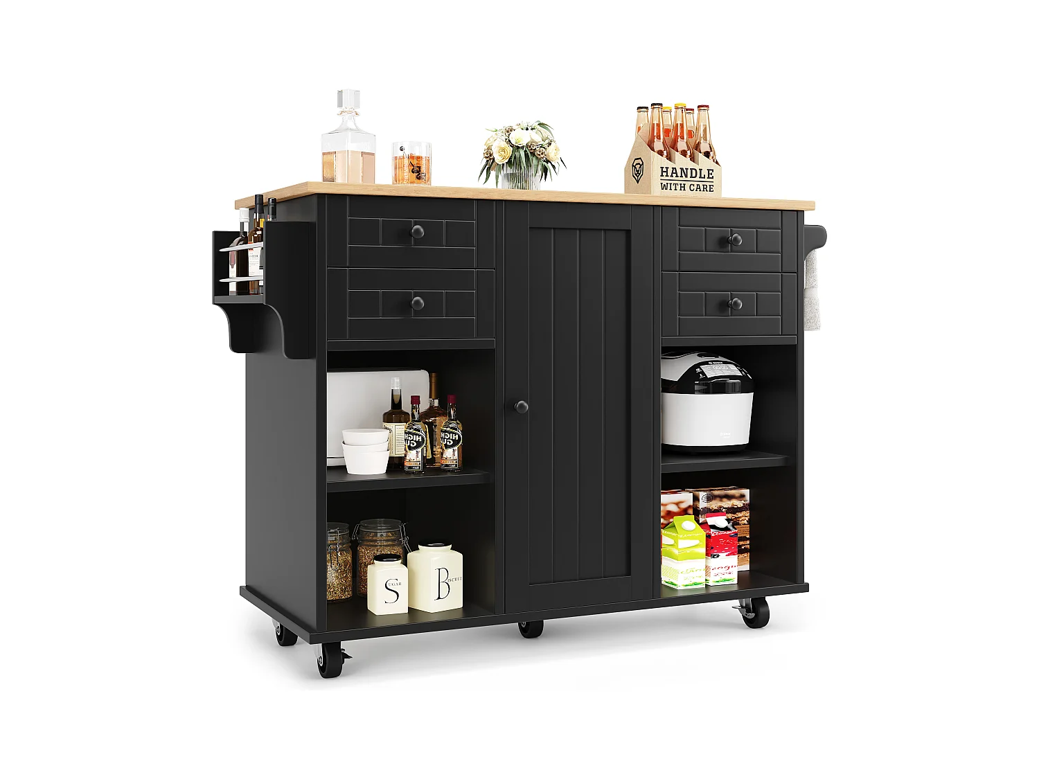 Desserte de cuisine noire 127×46×91,5 cm avec rangements modulables, style bois, îlot multifonction
