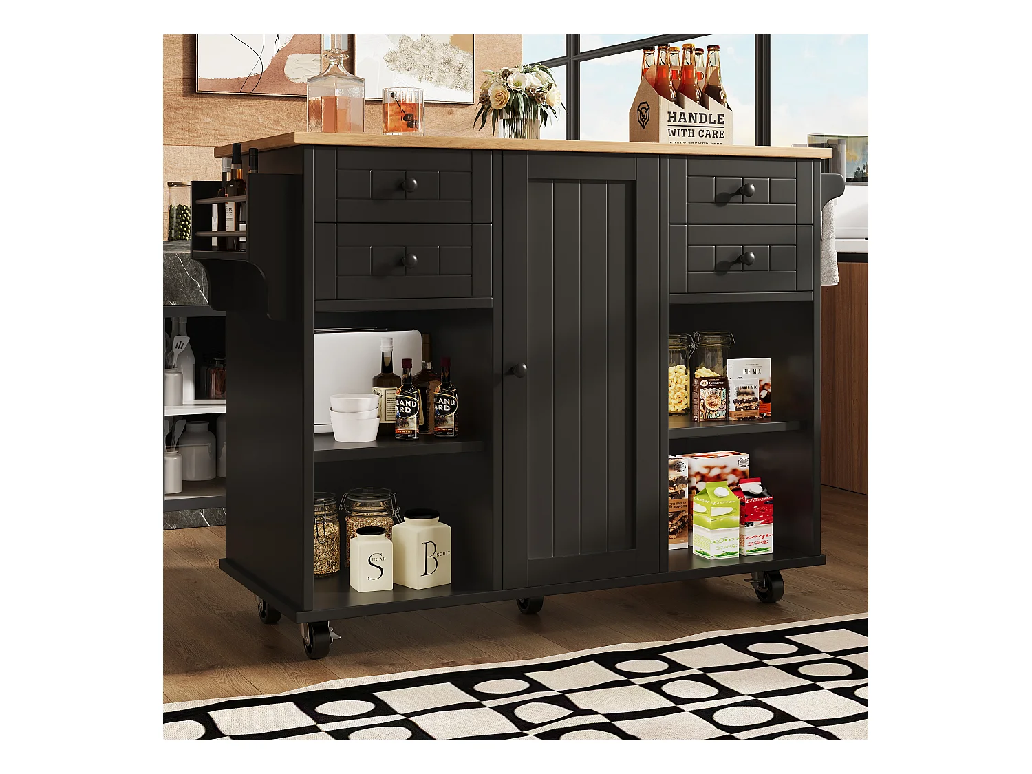 Desserte de cuisine noire 127×46×91,5 cm avec rangements modulables, style bois, îlot multifonction