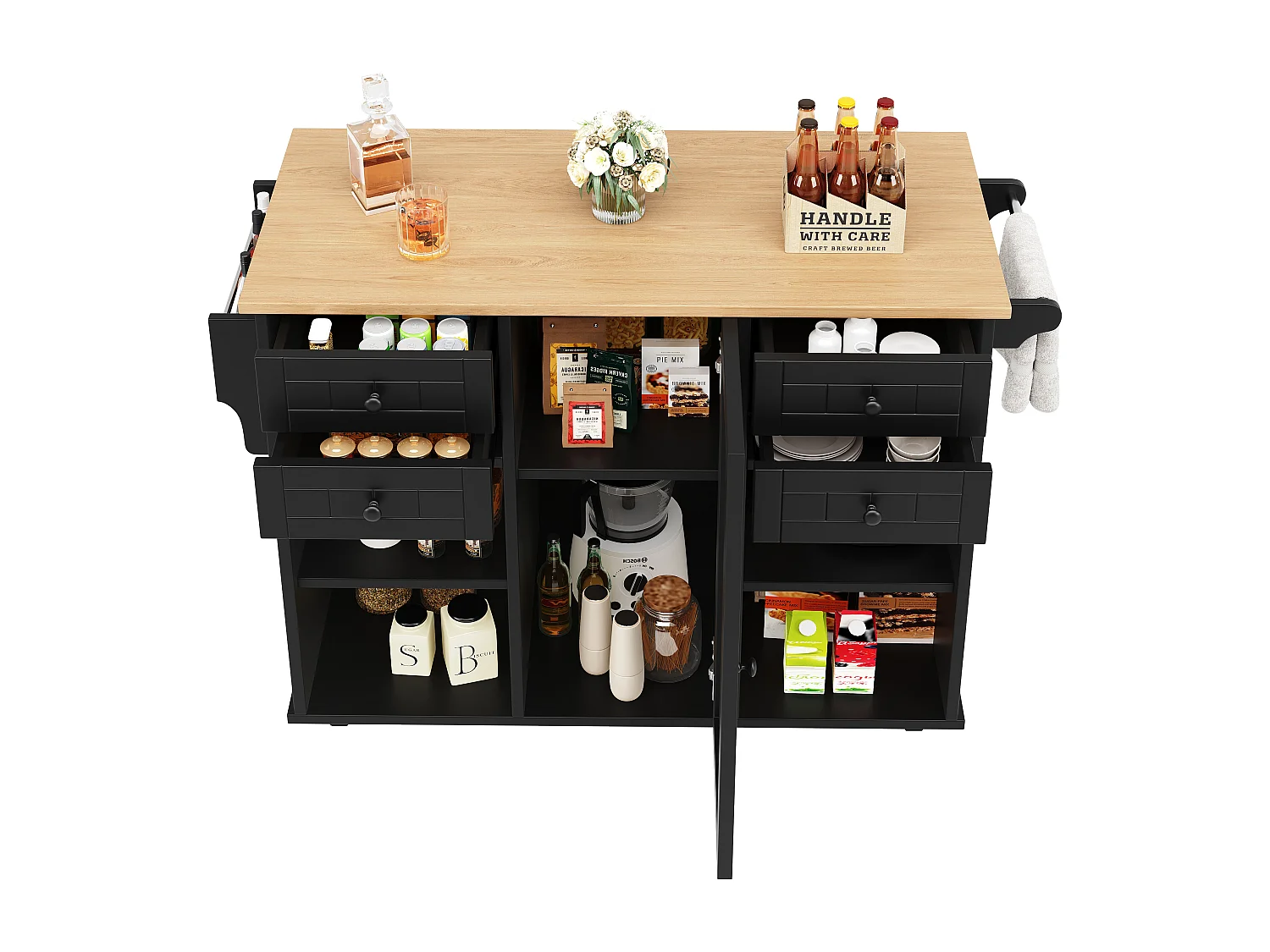 Desserte de cuisine noire 127×46×91,5 cm avec rangements modulables, style bois, îlot multifonction