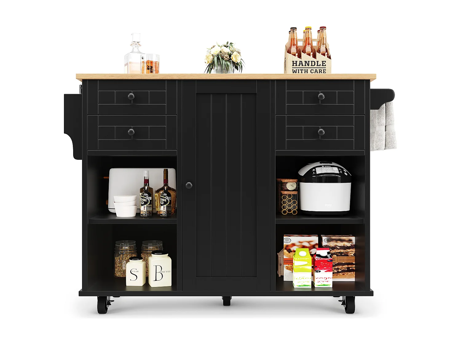 Desserte de cuisine noire 127×46×91,5 cm avec rangements modulables, style bois, îlot multifonction