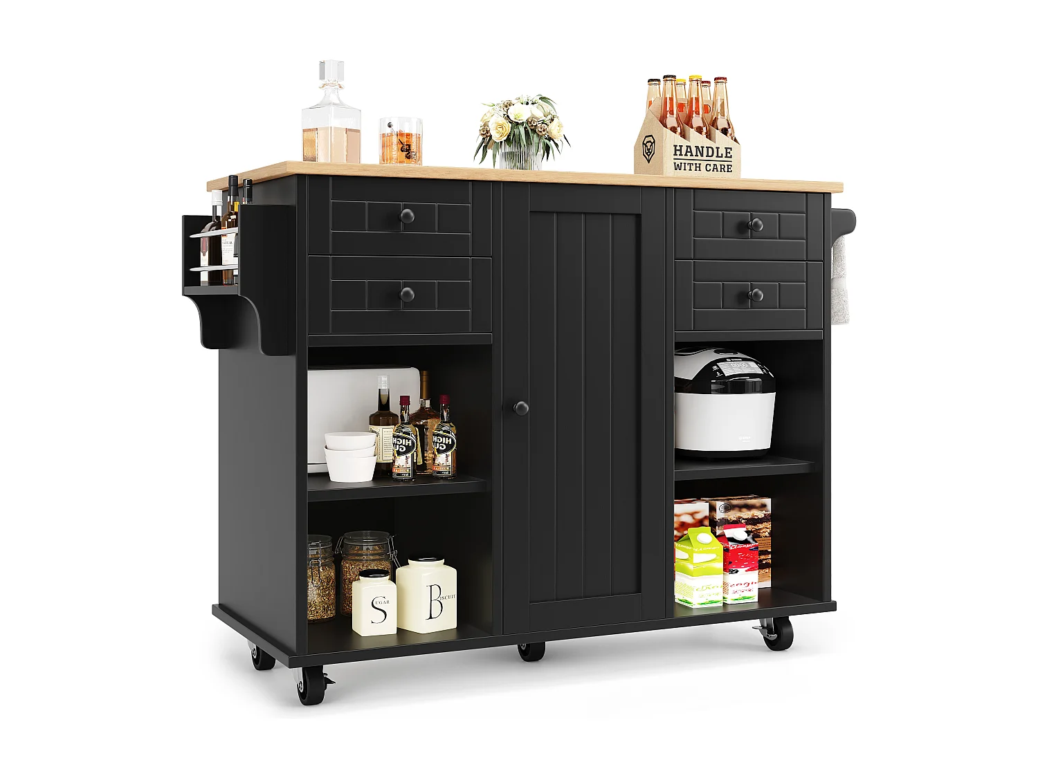 Desserte de cuisine noire 127×46×91,5 cm avec rangements modulables, style bois, îlot multifonction