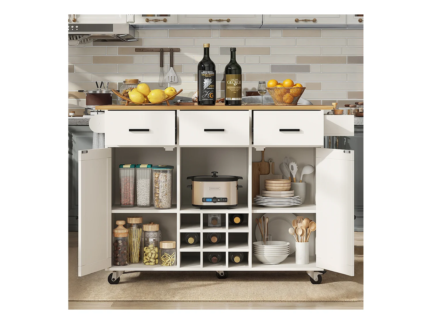 Desserte de cuisine pliable (104×40×91,5 cm), avec tiroirs, casier à vin et grand espace de rangement, blanc