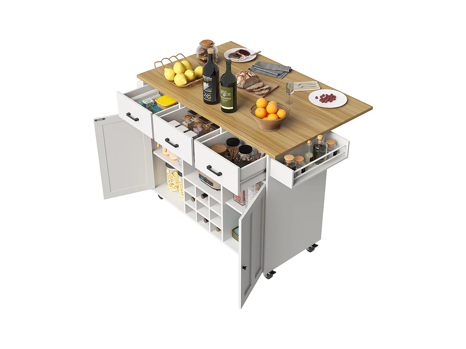 Desserte de cuisine pliable (104×40×91,5 cm), avec tiroirs, casier à vin et grand espace de rangement, blanc