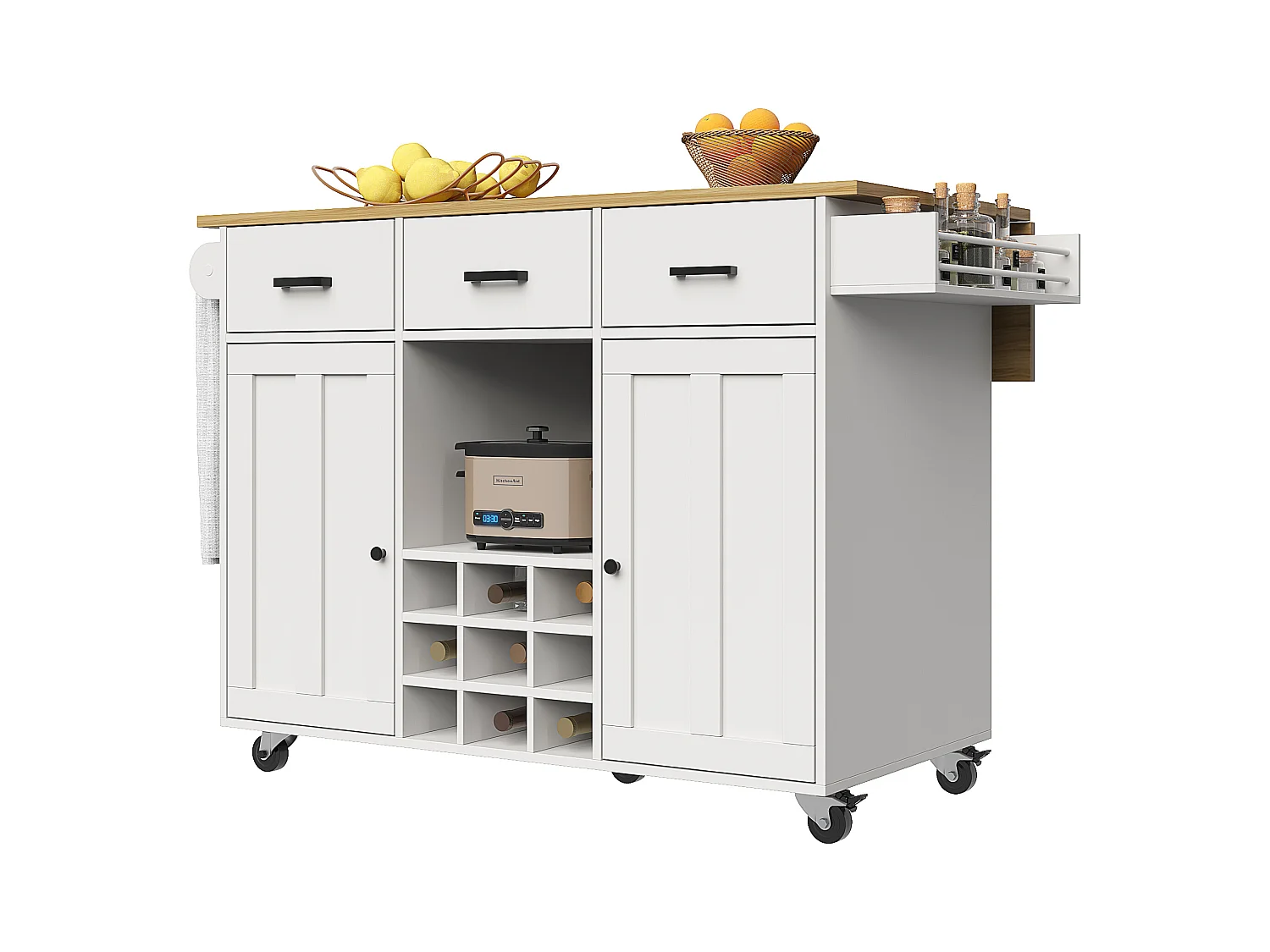 Desserte de cuisine pliable (104×40×91,5 cm), avec tiroirs, casier à vin et grand espace de rangement, blanc